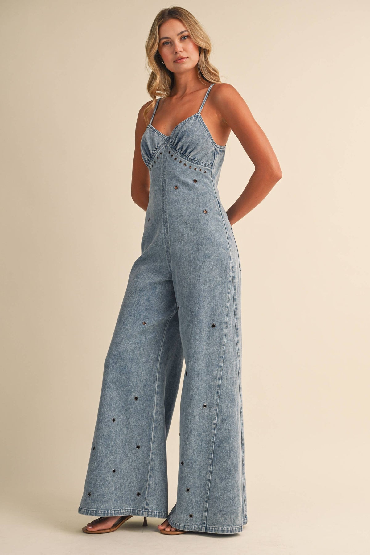Denim Jumpsuit with Grommet Details
