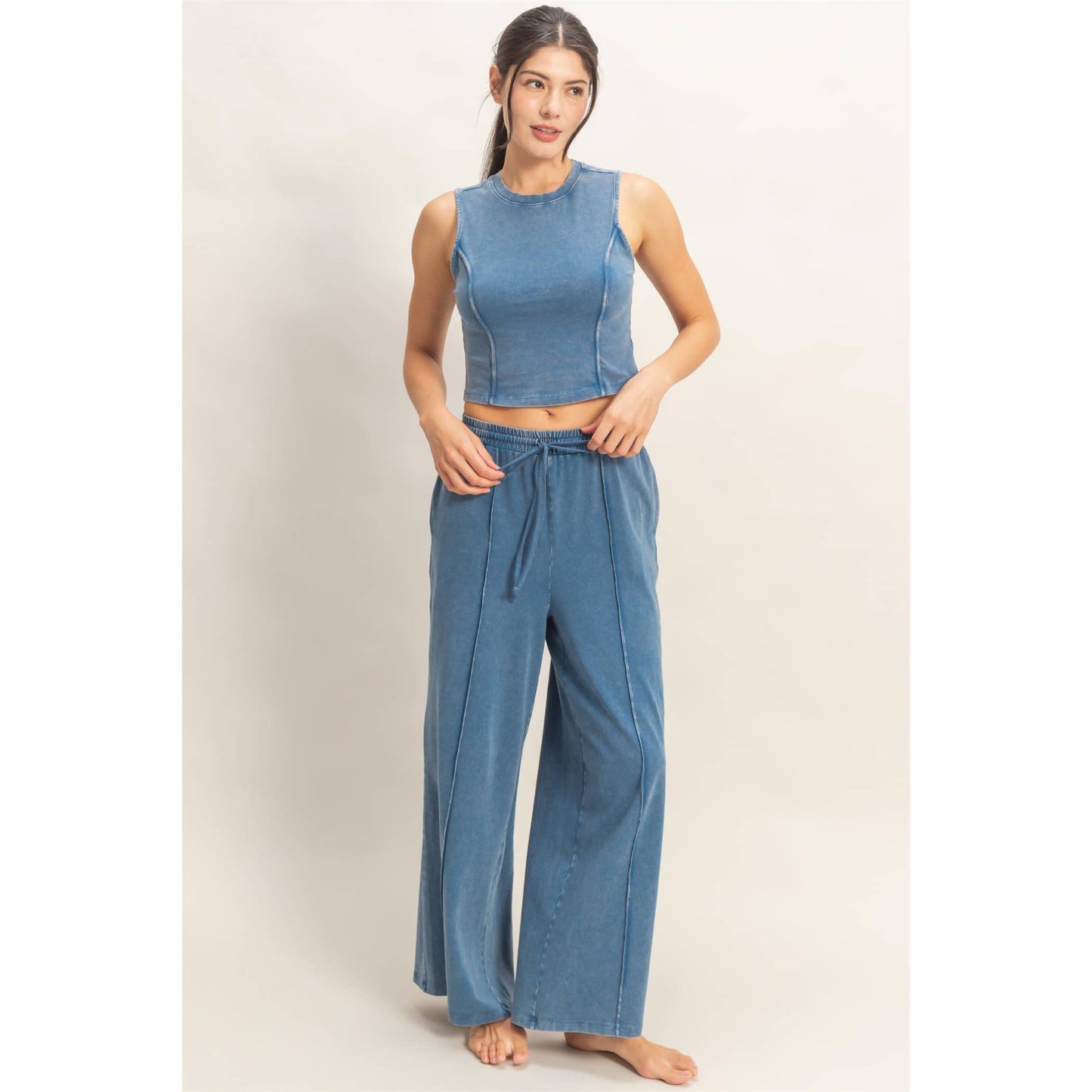 Mineral Washed Sleeveless Top & Wide Leg Pants Set: