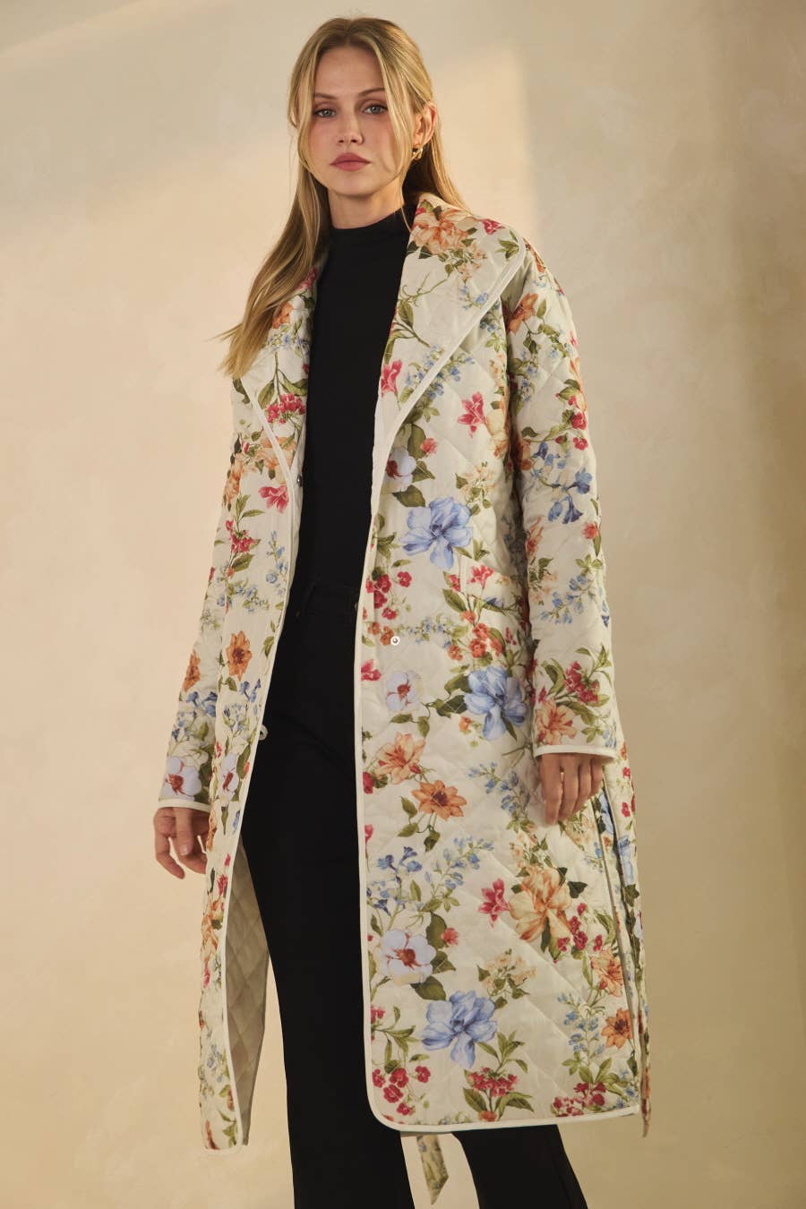 Quilted Floral Printed Belted Coat