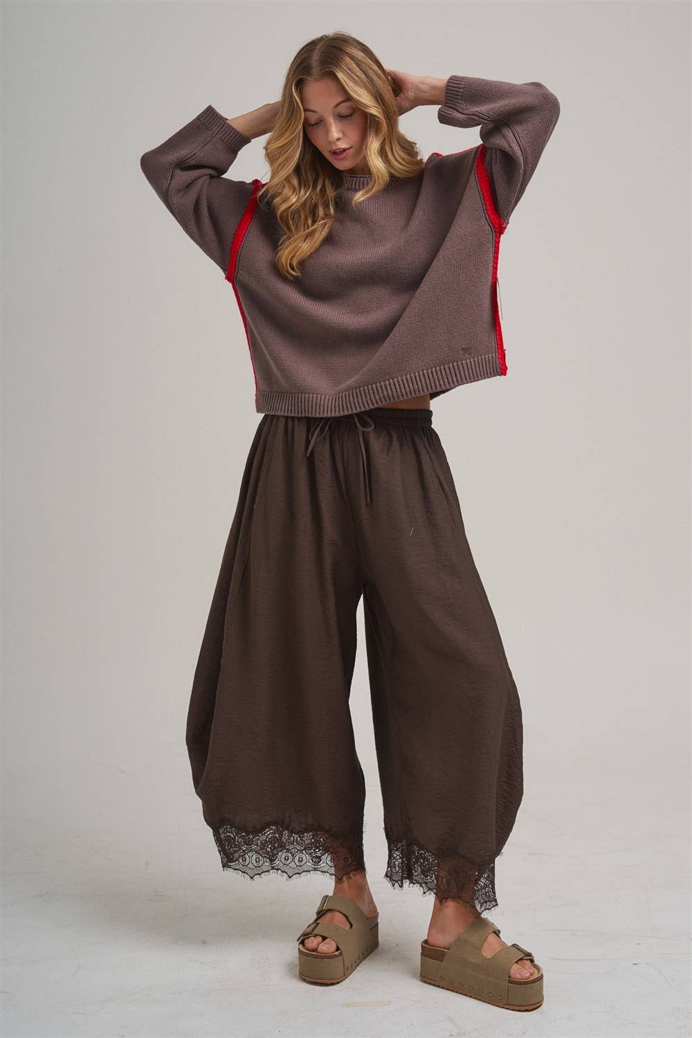 Flowy Balloon Pants with Lace Trim