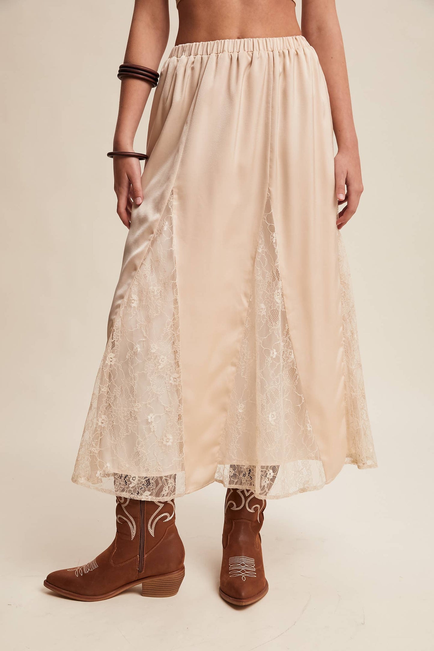 Lace Inset Satin Midi Skirt