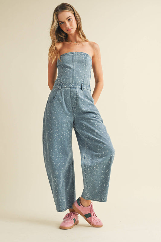 Star Print Strapless Barrel Jumpsuit