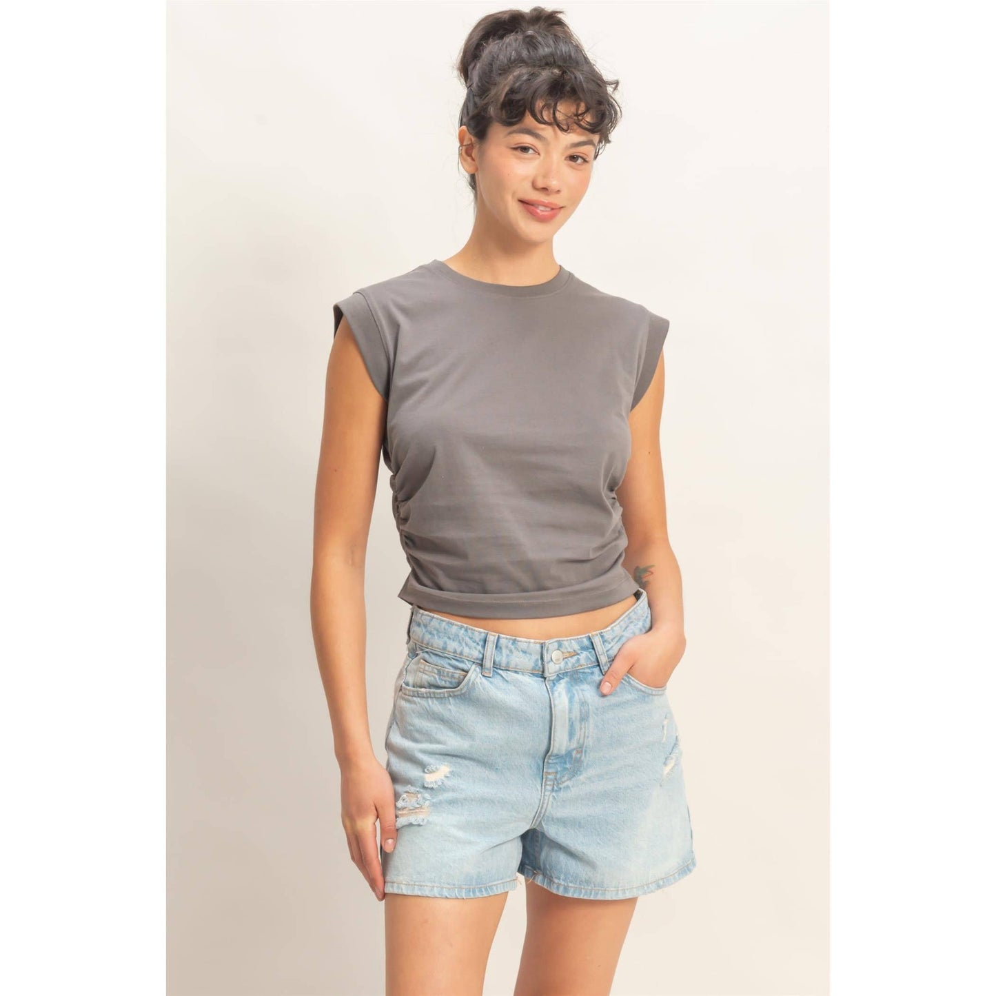 Ruched Waist Sleeveless Cotton Top