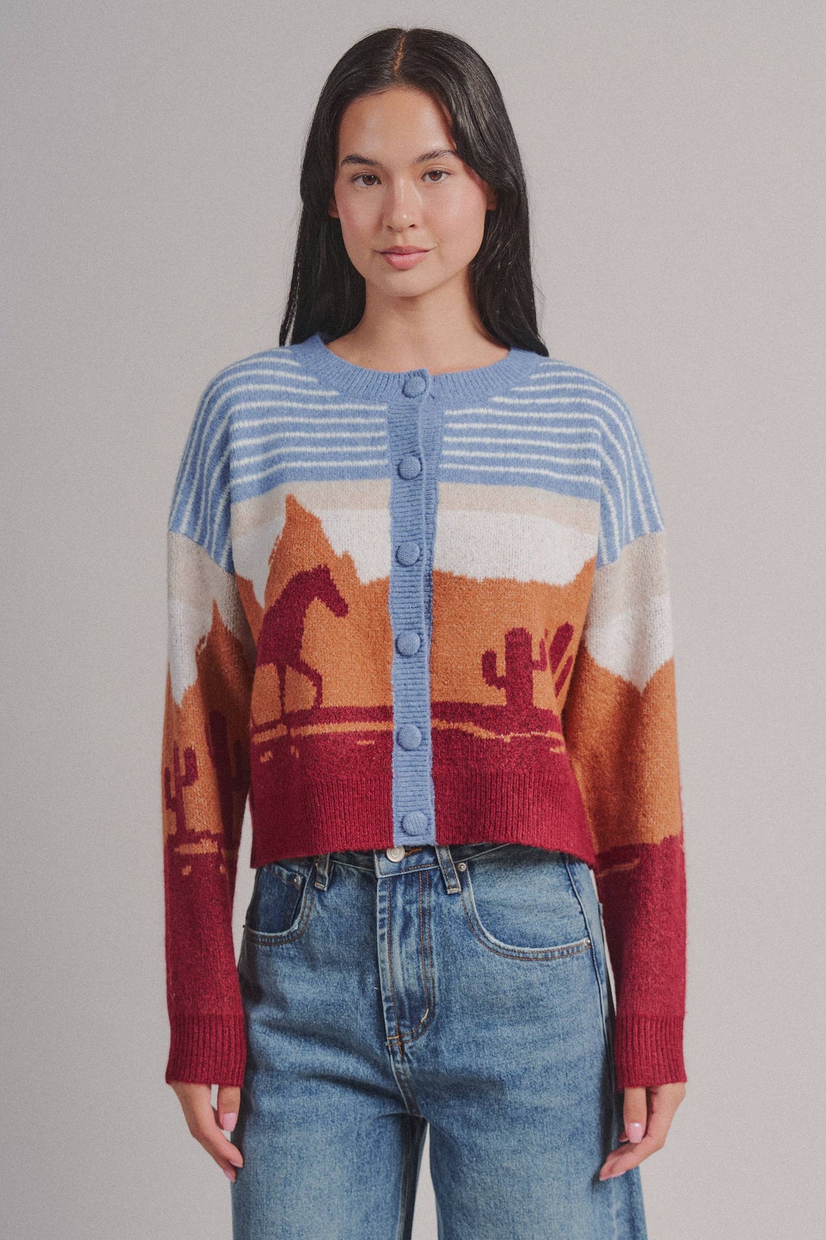 Western Desert Scene Cropped Button Cardigan