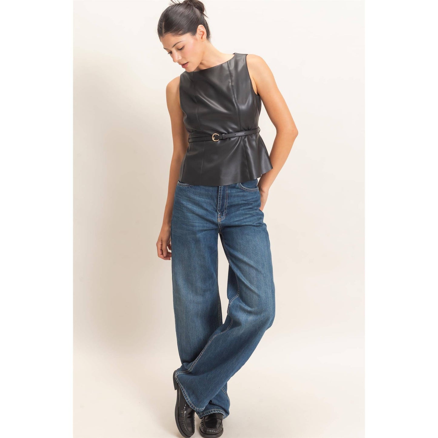 Sleek Faux Leather Belted Top