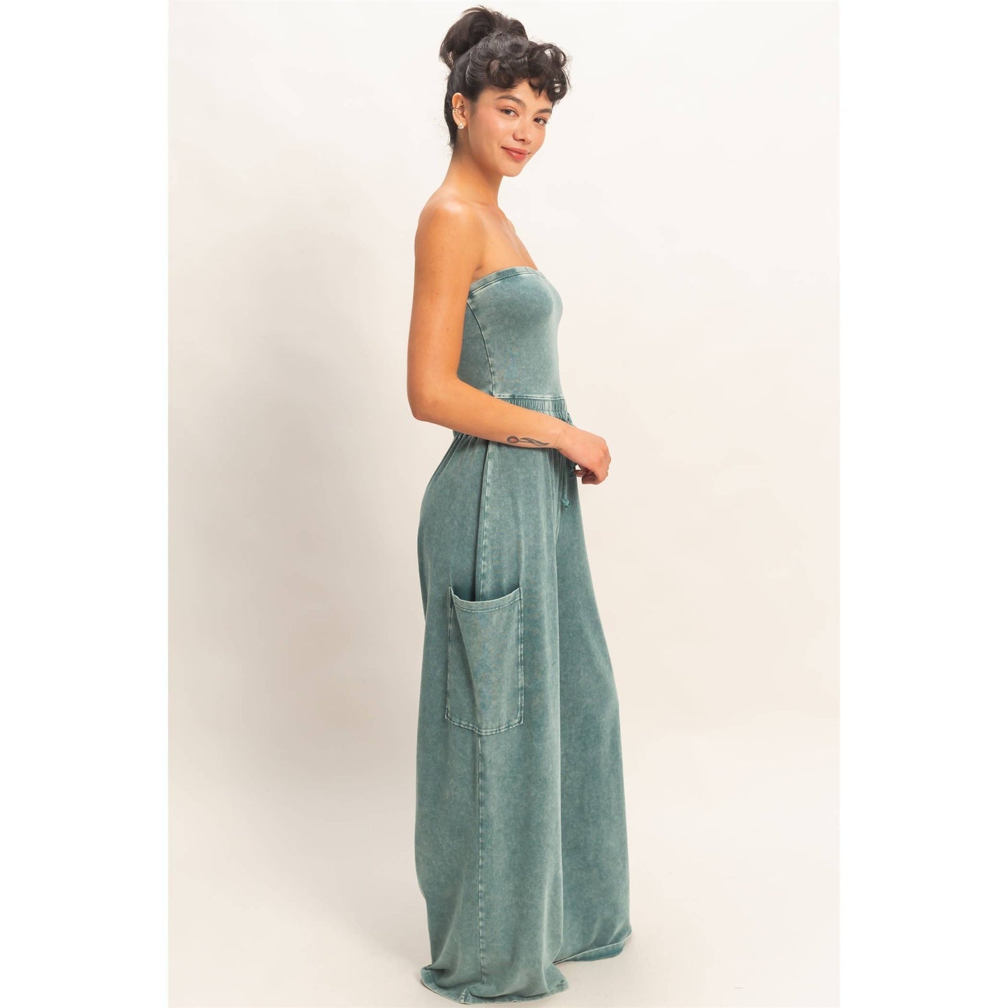Mineral Wash Strapless Wide-Leg Jumpsuit