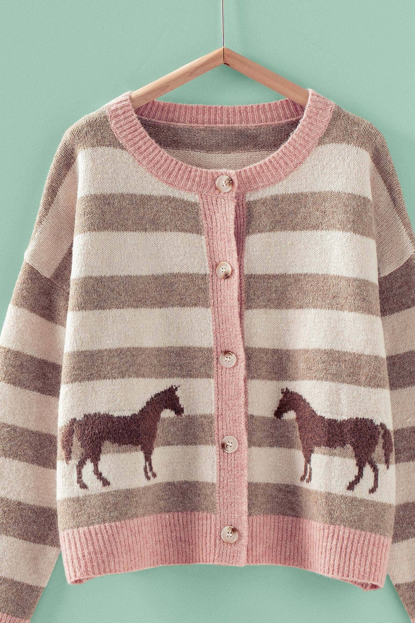 Horse Jacquard Striped Crew Neck Cardigan
