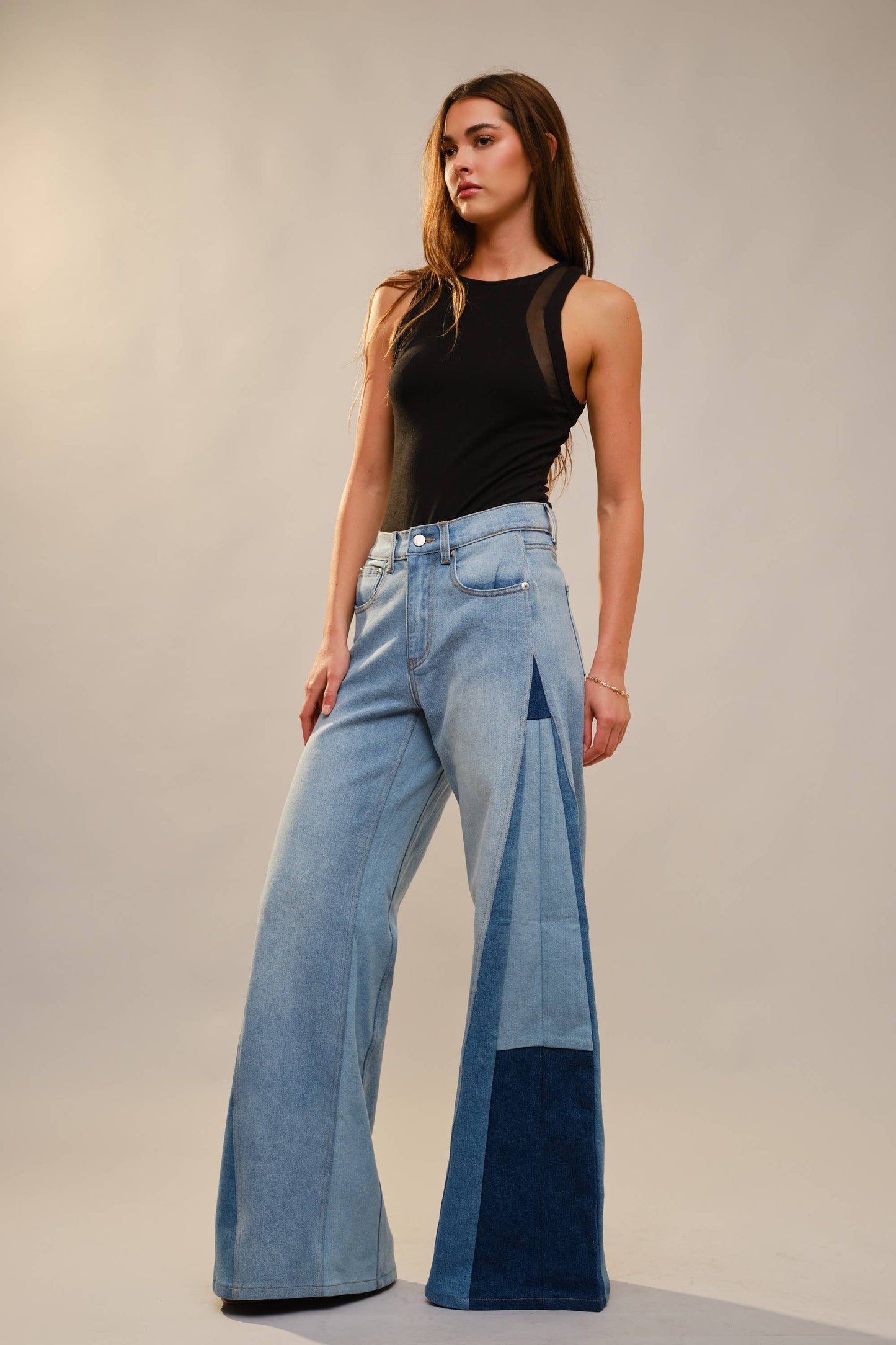 High Rise Wide Leg Color Block Jeans