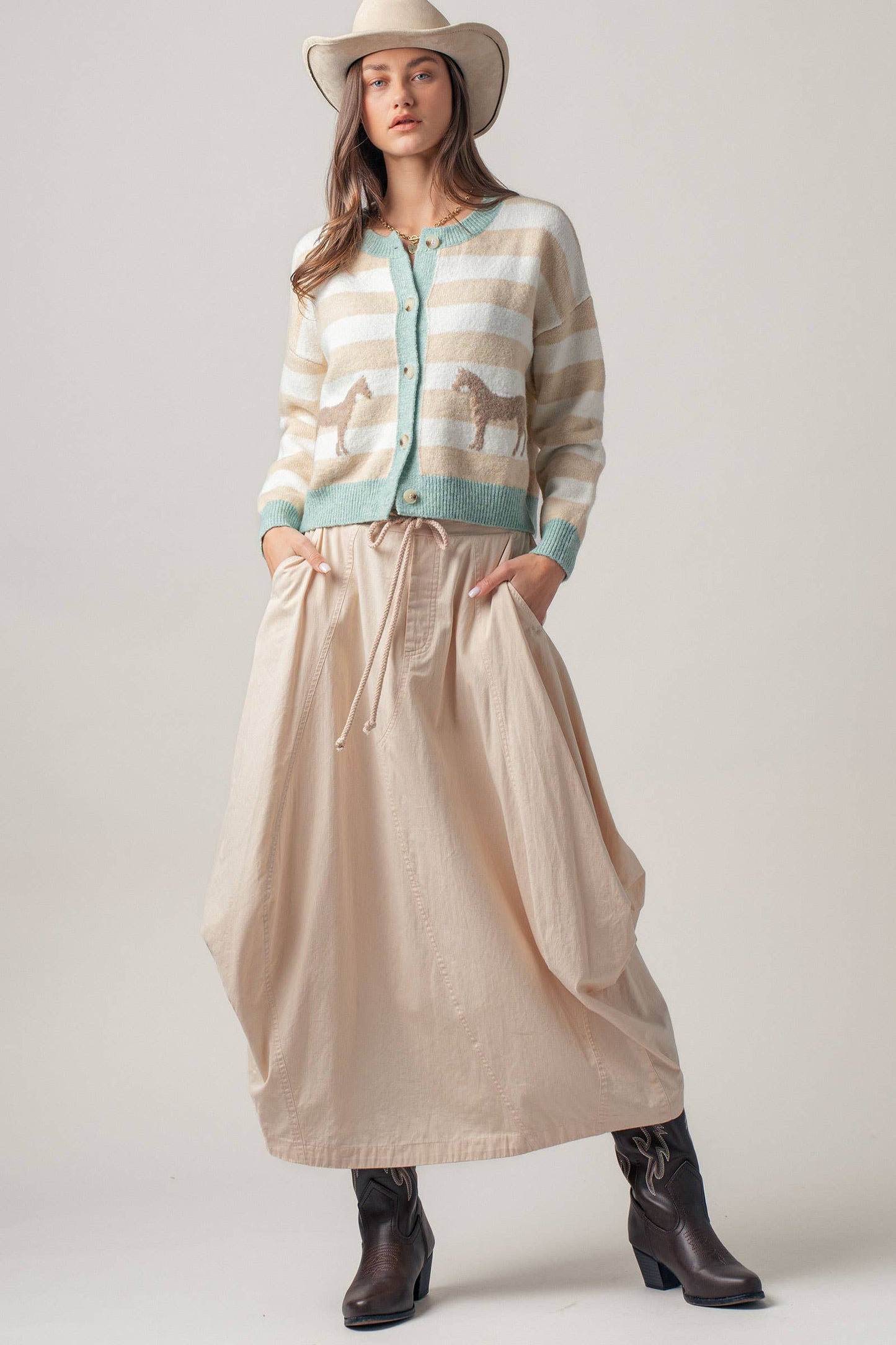 Horse Jacquard Striped Crew Neck Cardigan