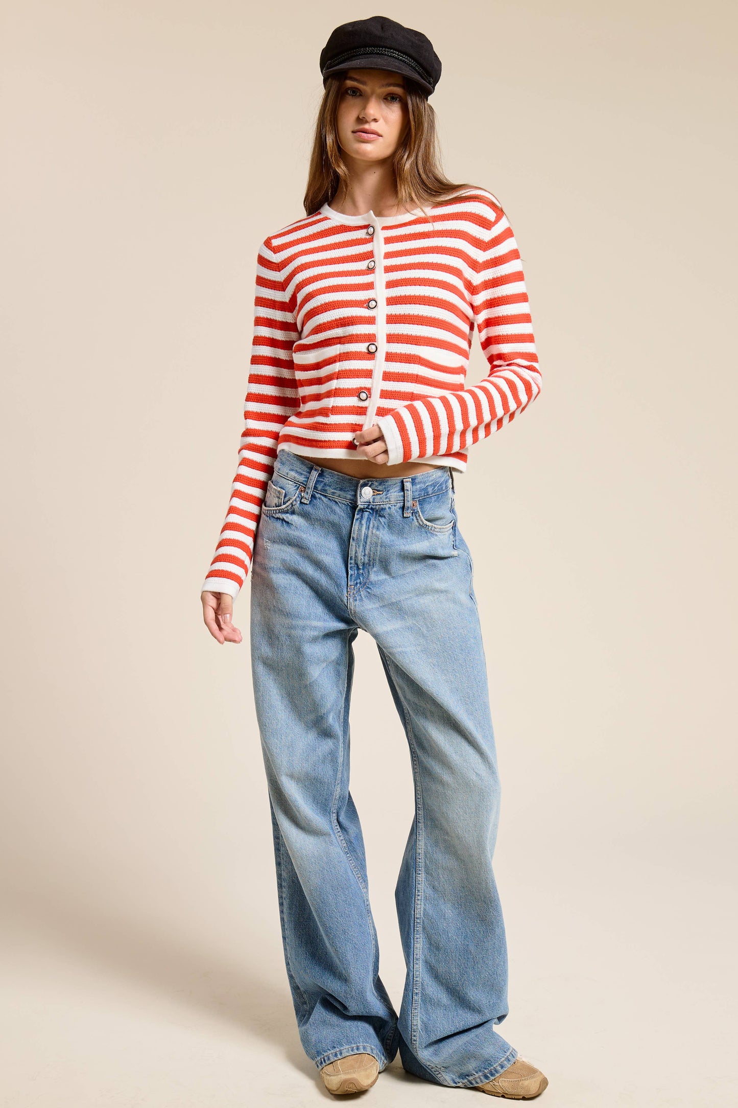 Pearl Embellishment Striped Cardigan Sweater