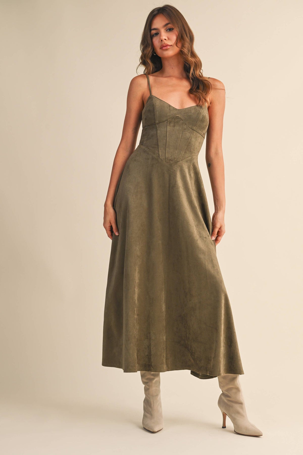 Suede Corset Flared Midi Dress