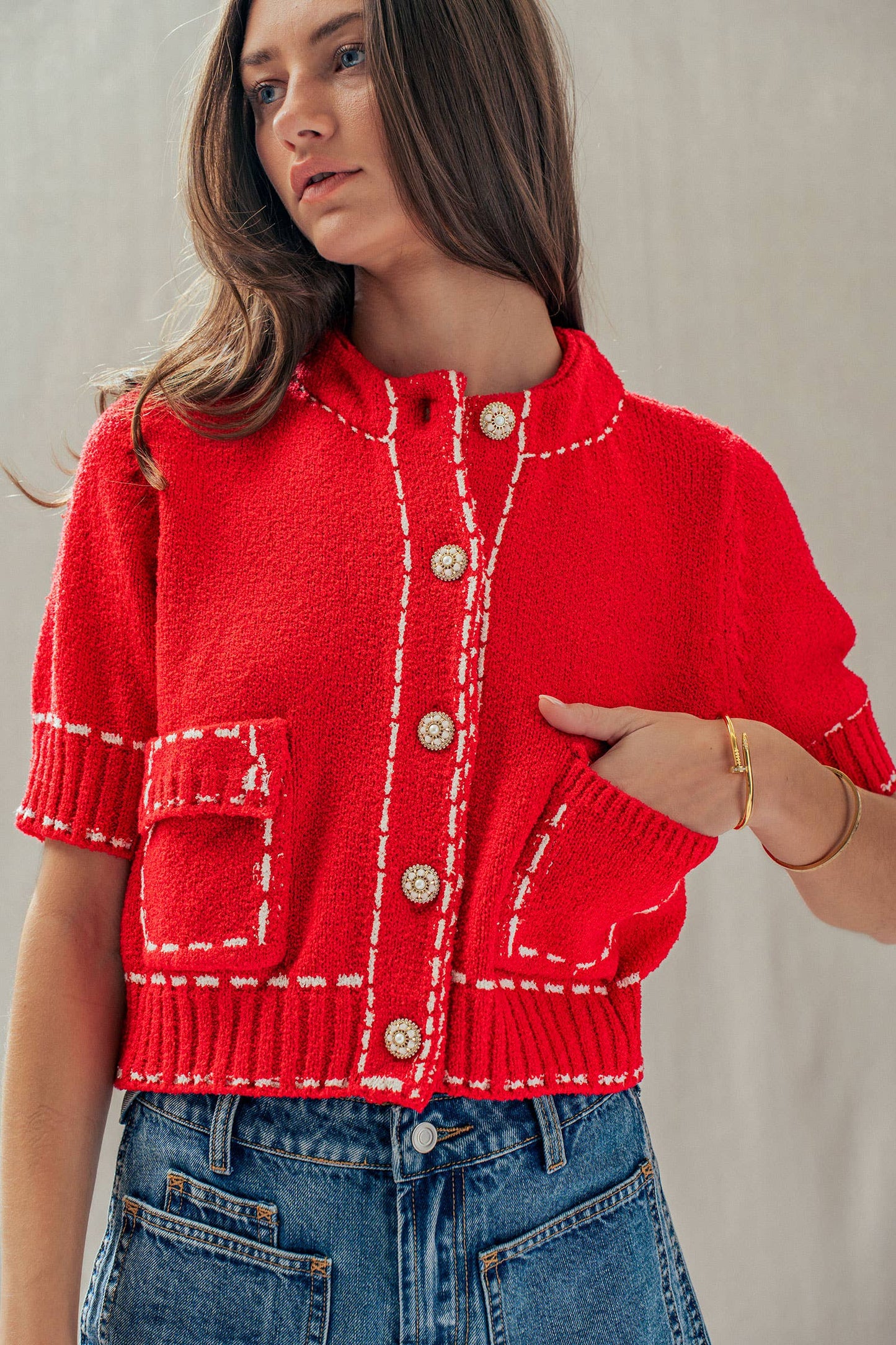 Faux Stitch Look Short Sleeve Cardigan