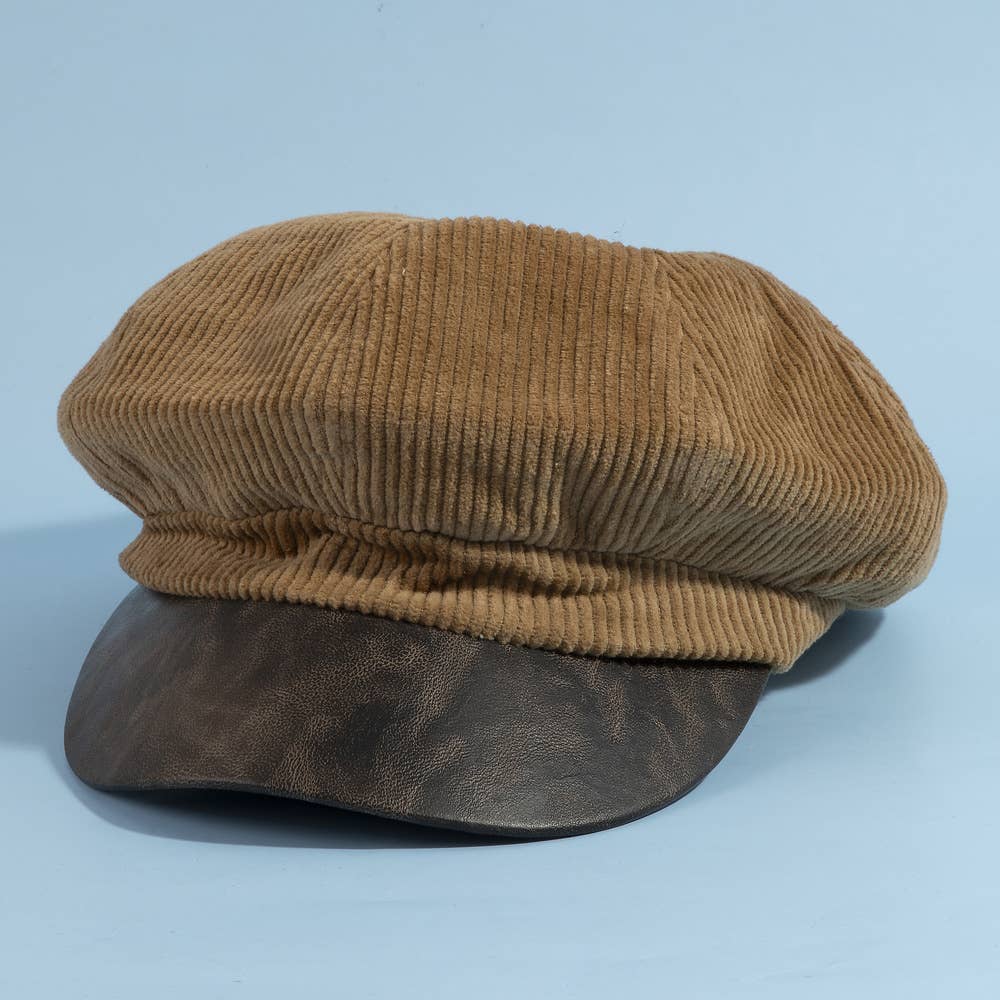Corduroy Newsboy Hat With Vegan Leather Brim