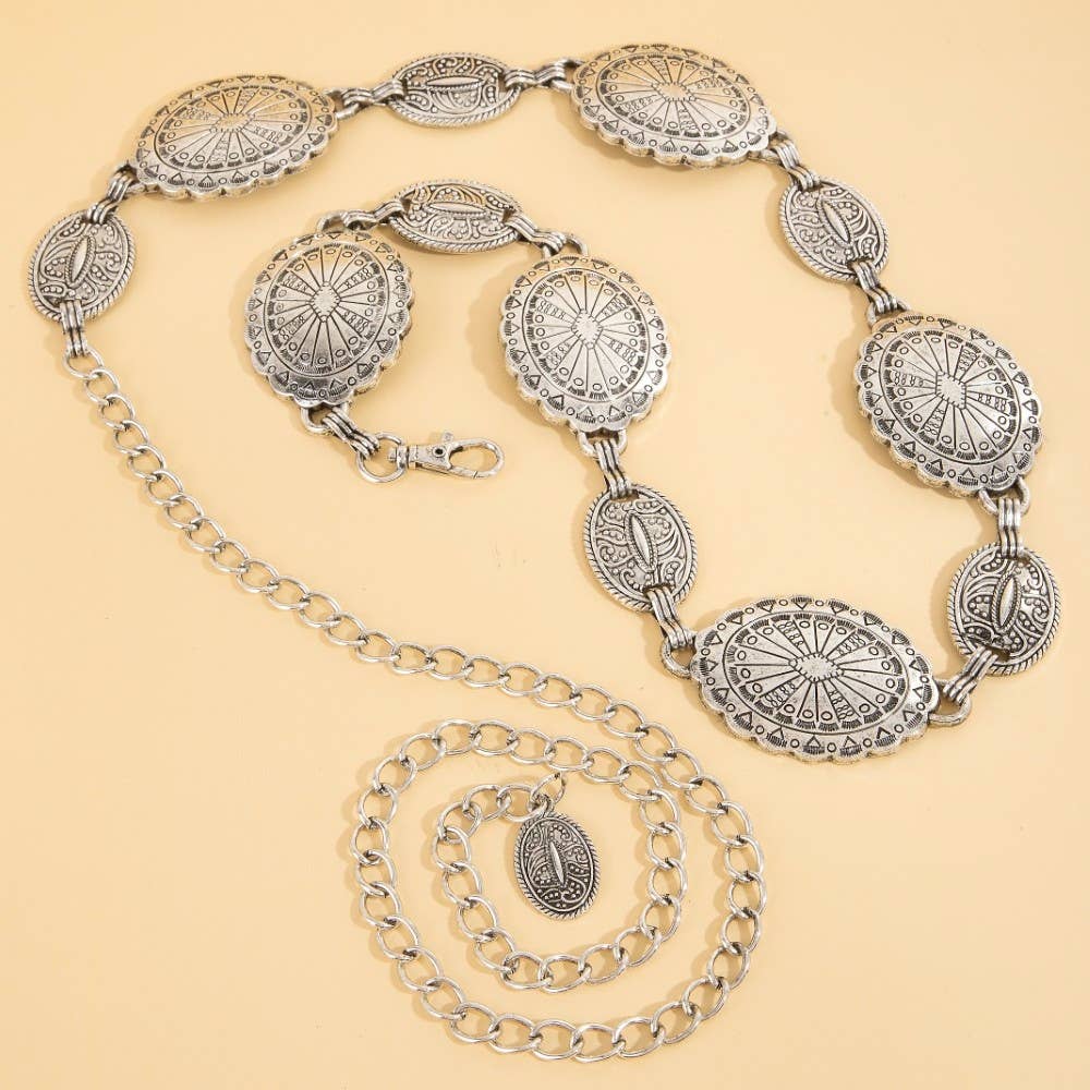Ornate Oval Western Concho Disc Chain Belt