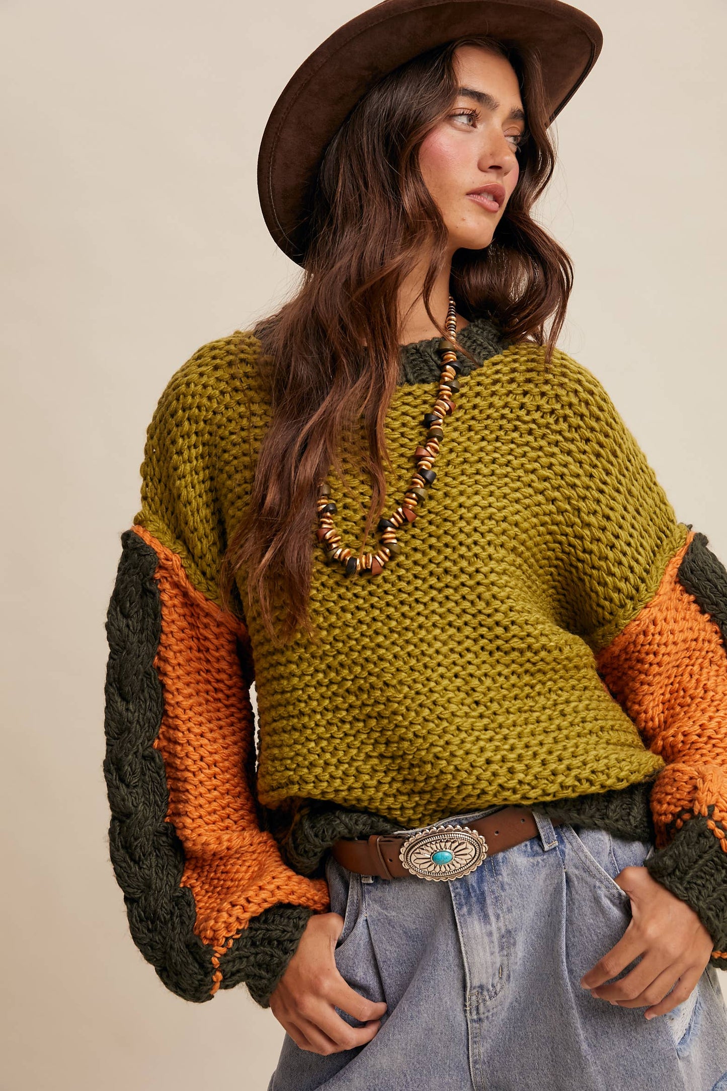 Hand-Knit Colorblock Chunky Pullover