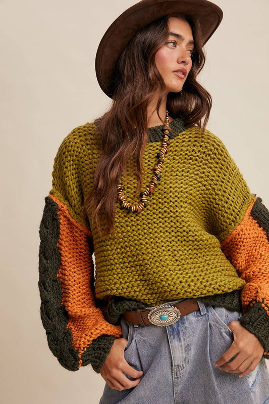 Hand-Knit Colorblock Chunky Pullover