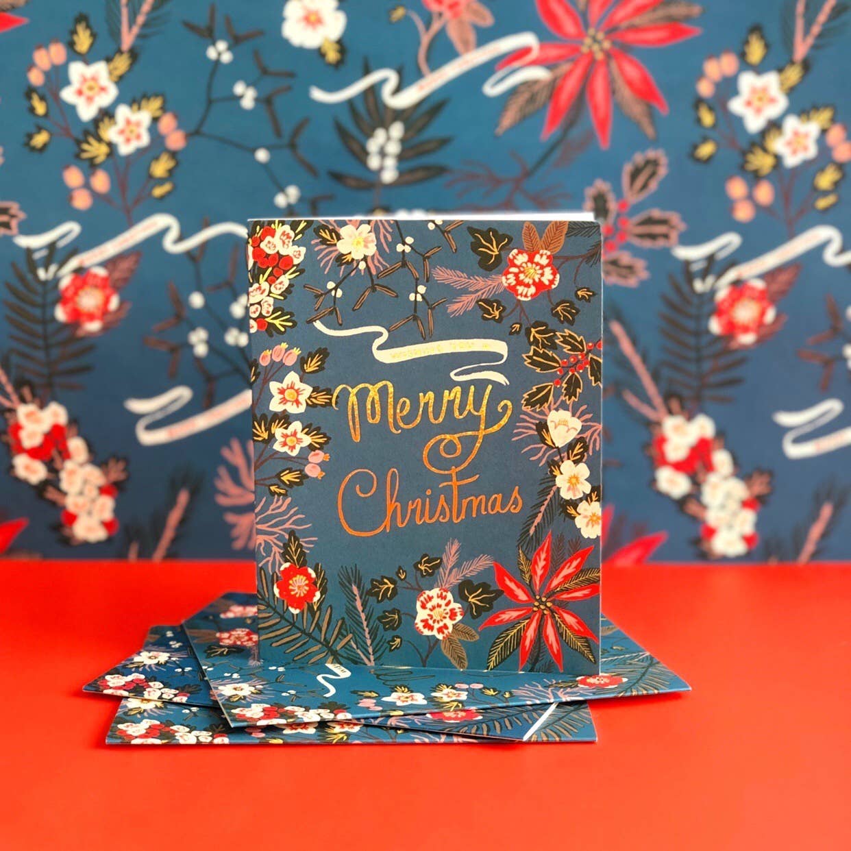 Blue Poinsettia Christmas greeting card