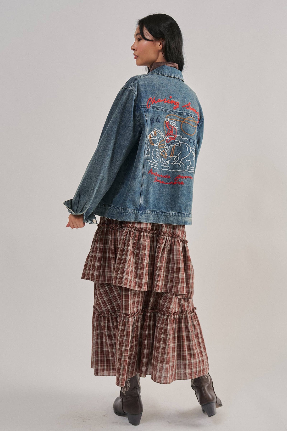 Embroidered Western Cowgirl Denim Trucker Jacket