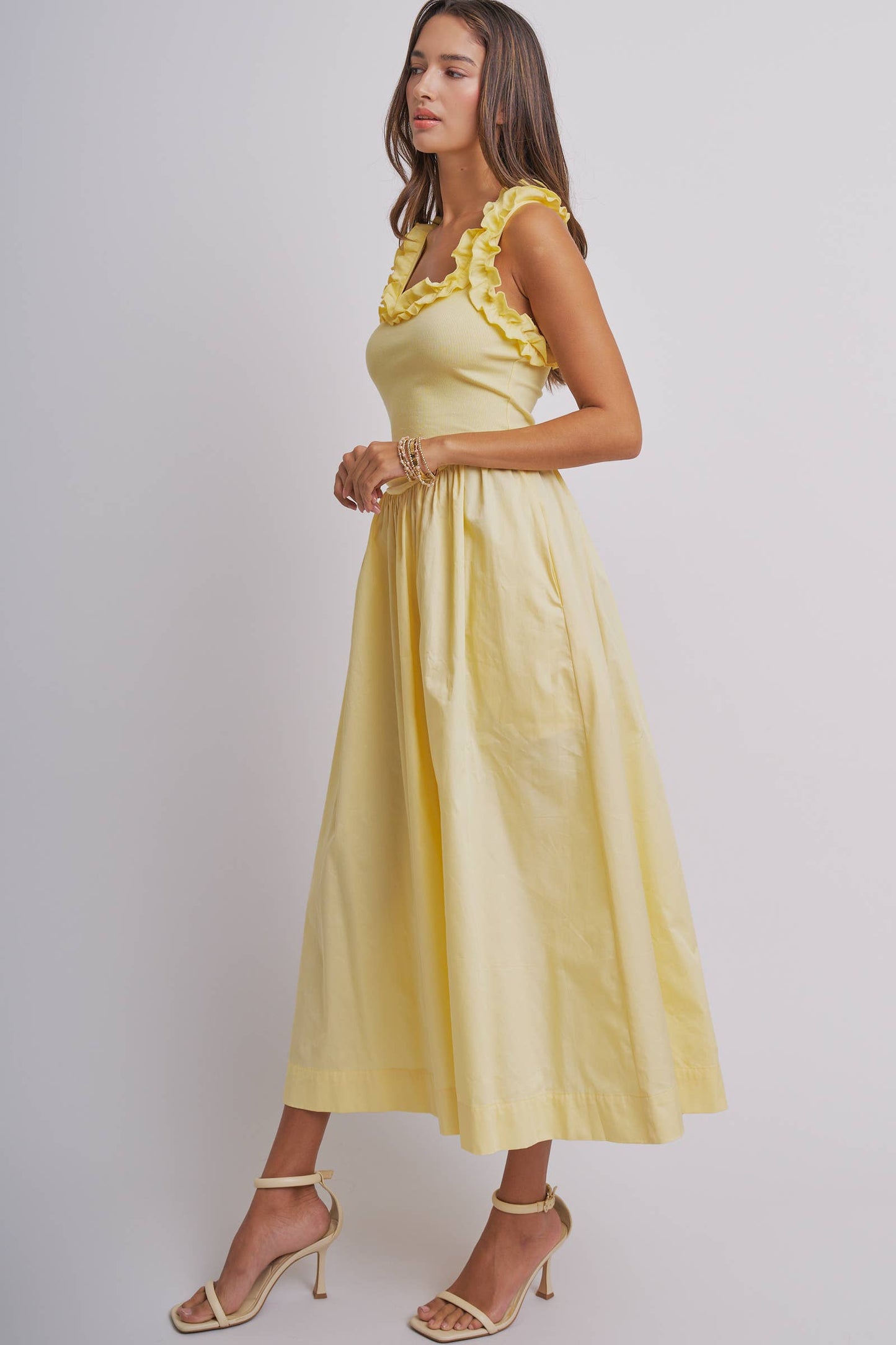 Ribbed Knit & Poplin Drop Waist Midi Dress