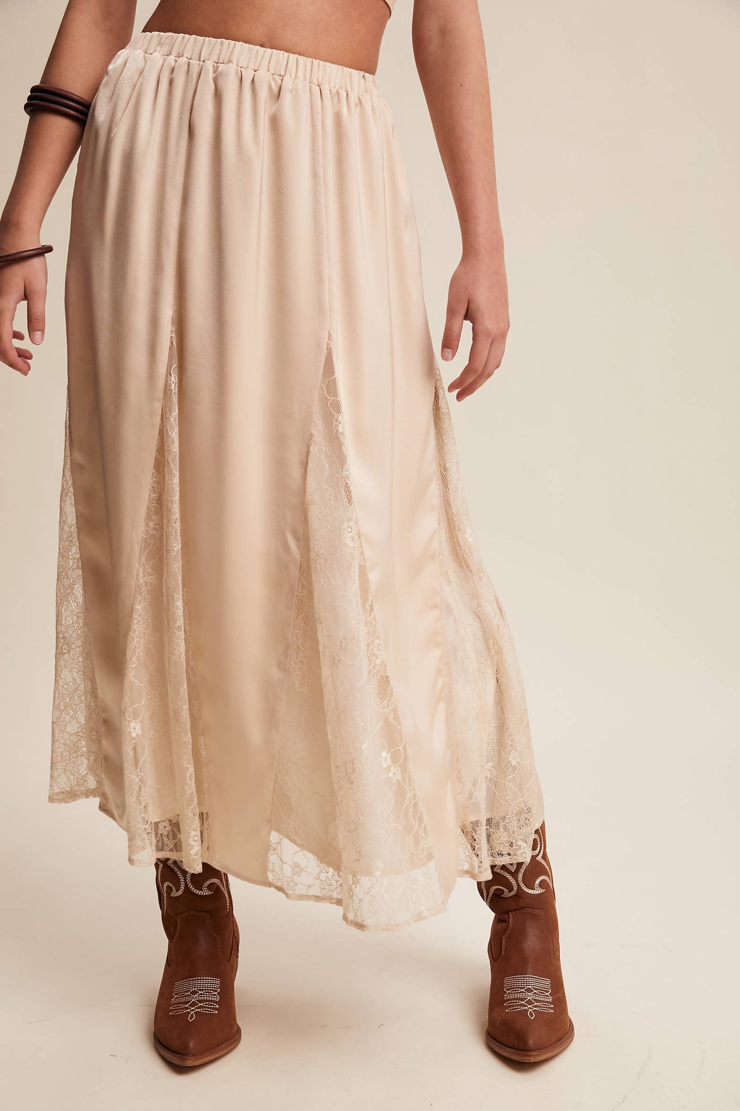 Lace Inset Satin Midi Skirt