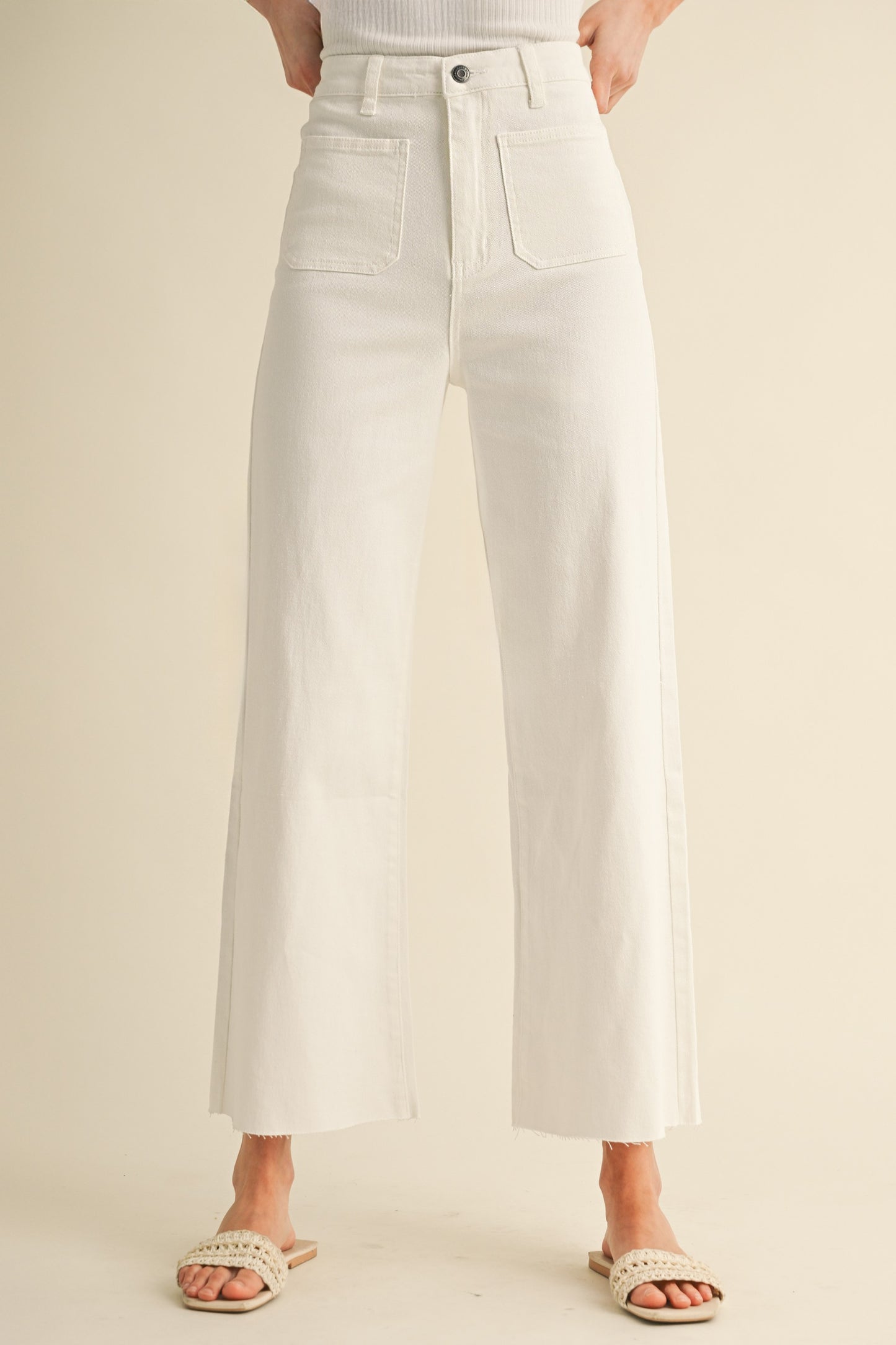 White Stretch Wide Leg Jeans