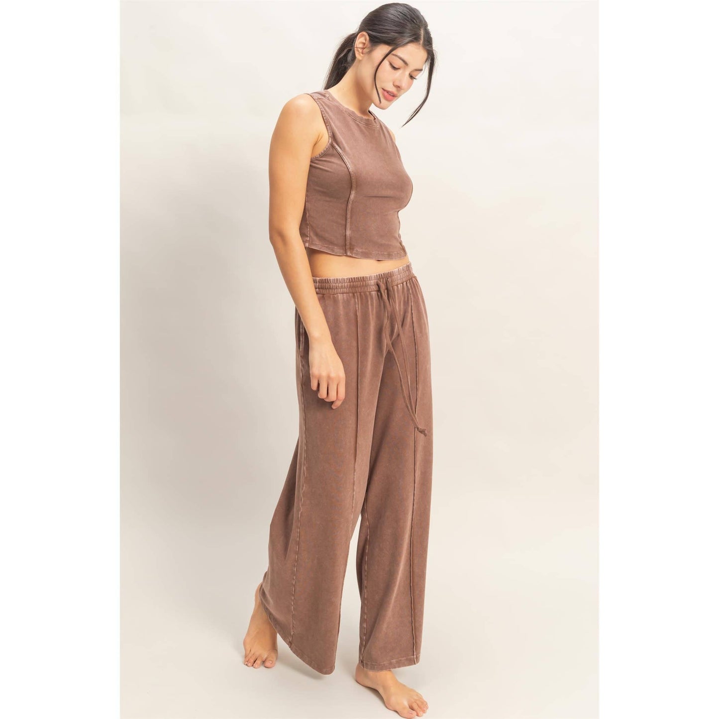 Mineral Washed Sleeveless Top & Wide Leg Pants Set: