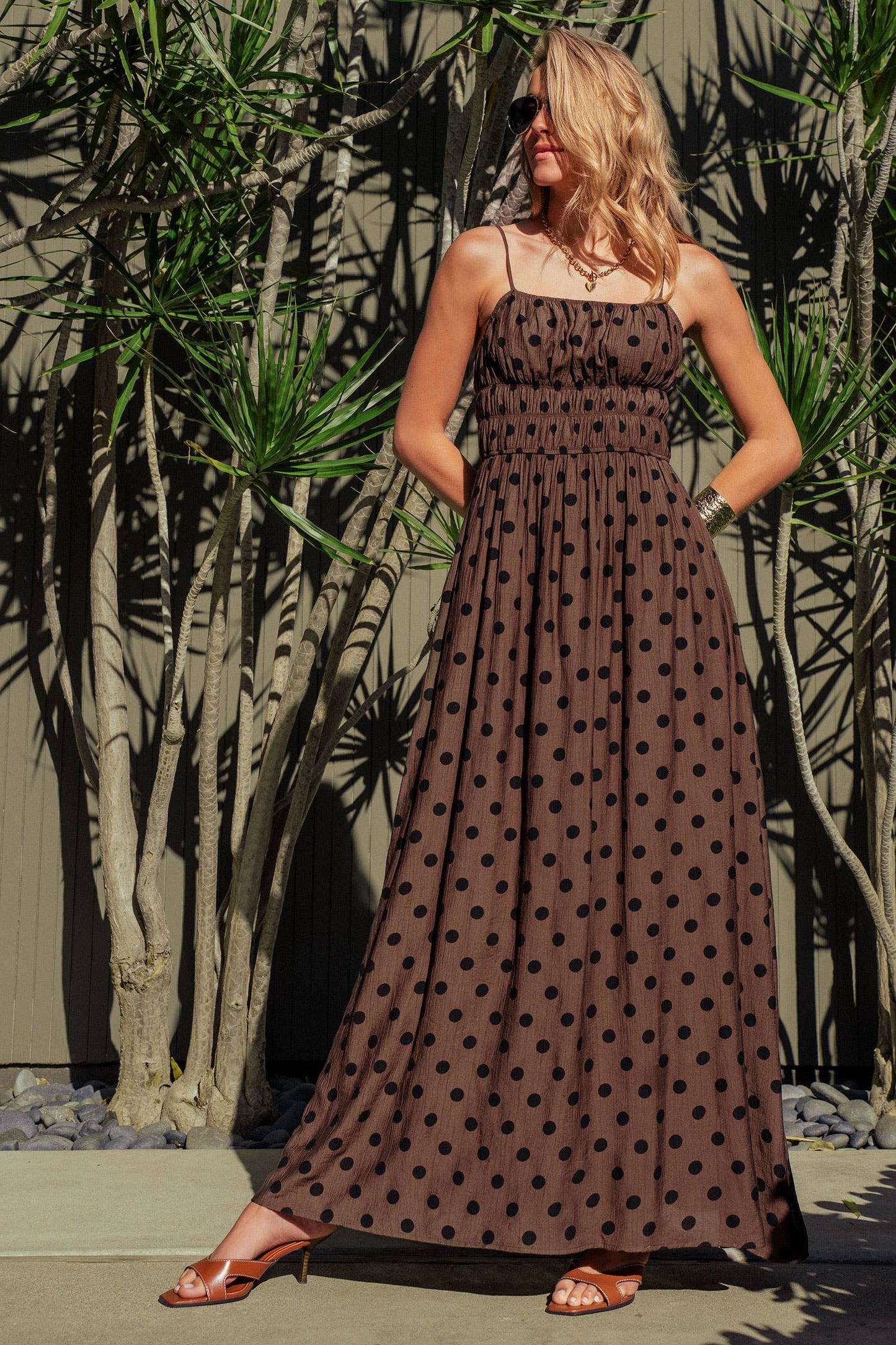Polka Dot Smocked Maxi Dress Linen Blend