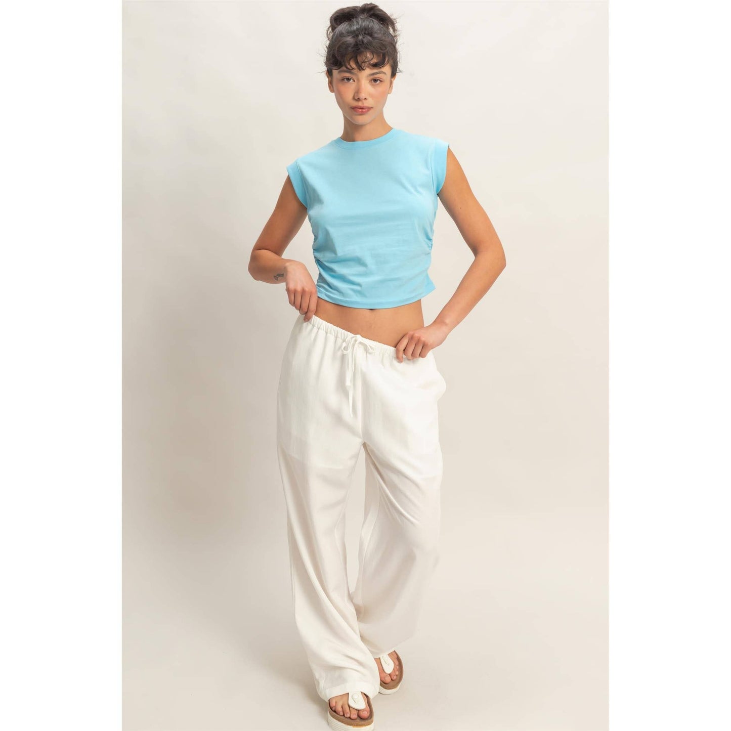 Ruched Waist Sleeveless Cotton Top