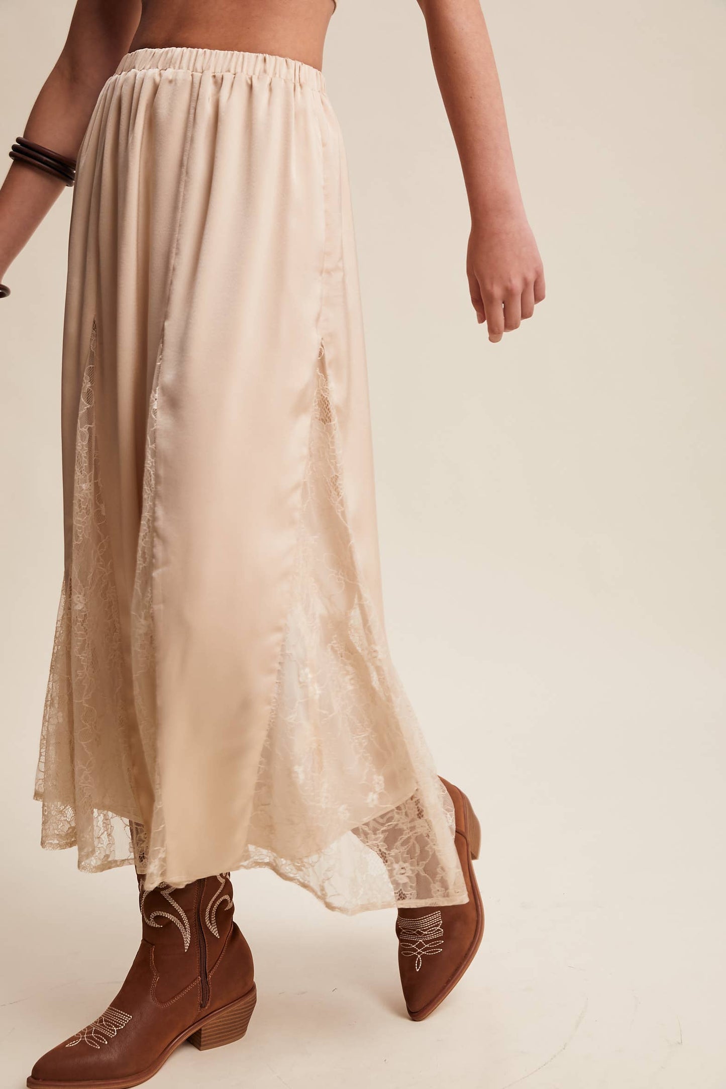 Lace Inset Satin Midi Skirt