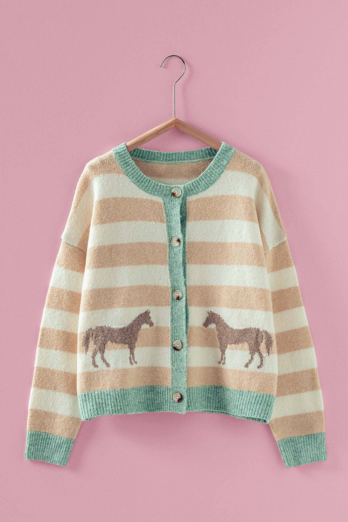 Horse Jacquard Striped Crew Neck Cardigan