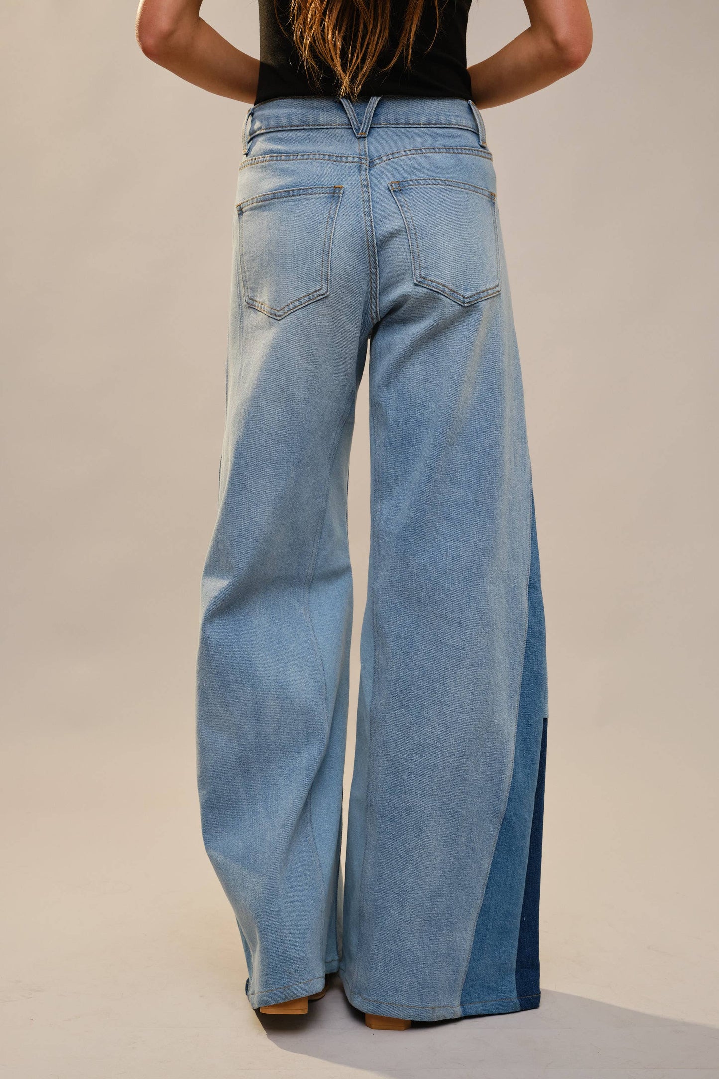 High Rise Wide Leg Color Block Jeans