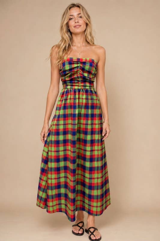 Plaid Strapless Maxi Dress