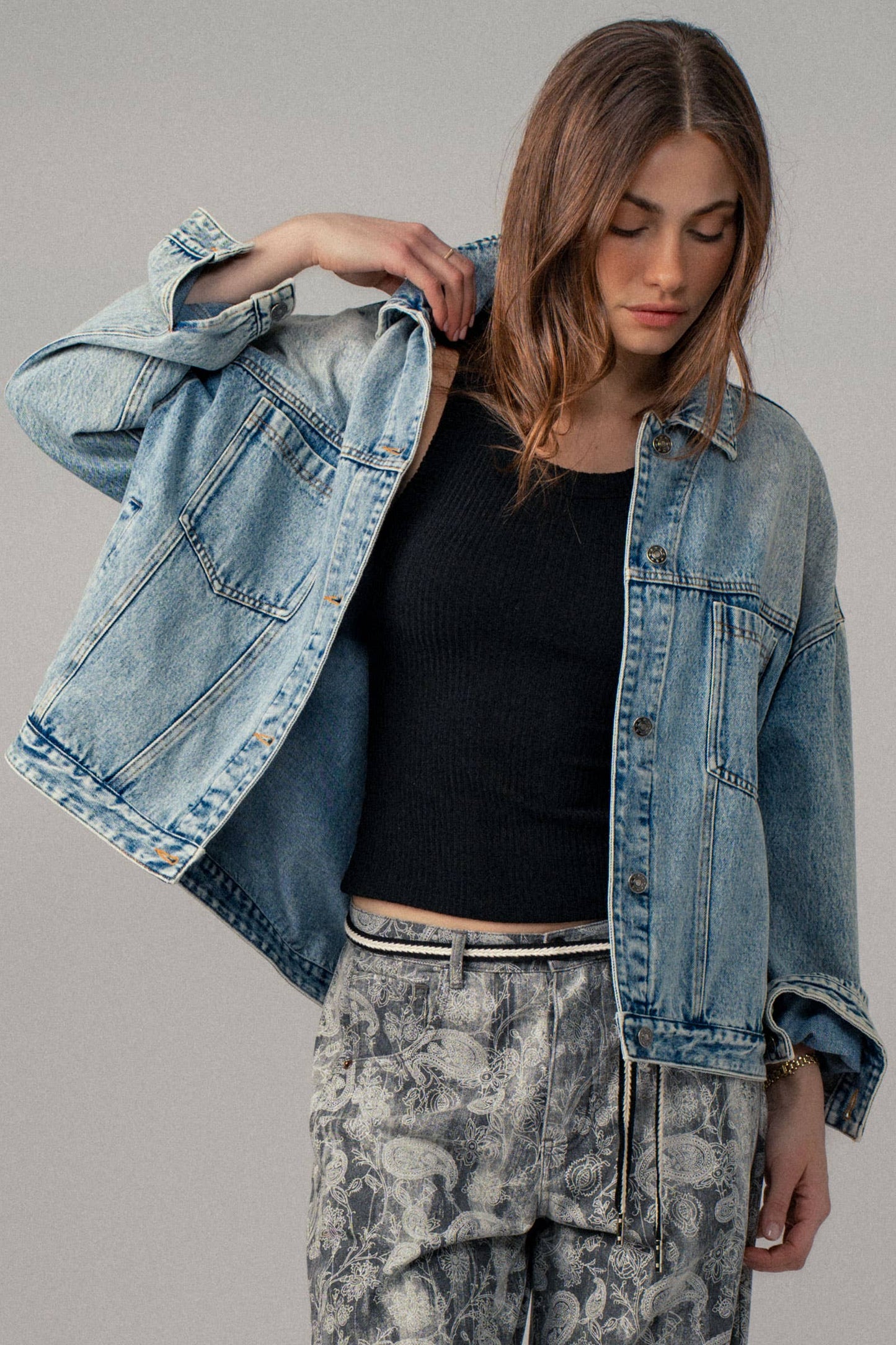 Oversized Button Up Pleated Back Western Jacket