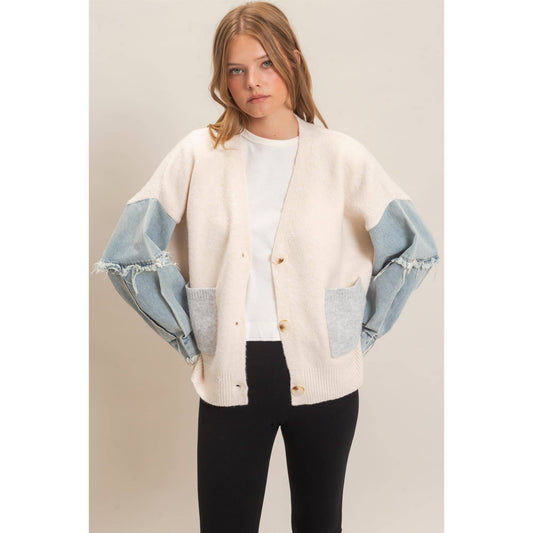 V-Neck Cardigan With Distressed Denim Sleeves