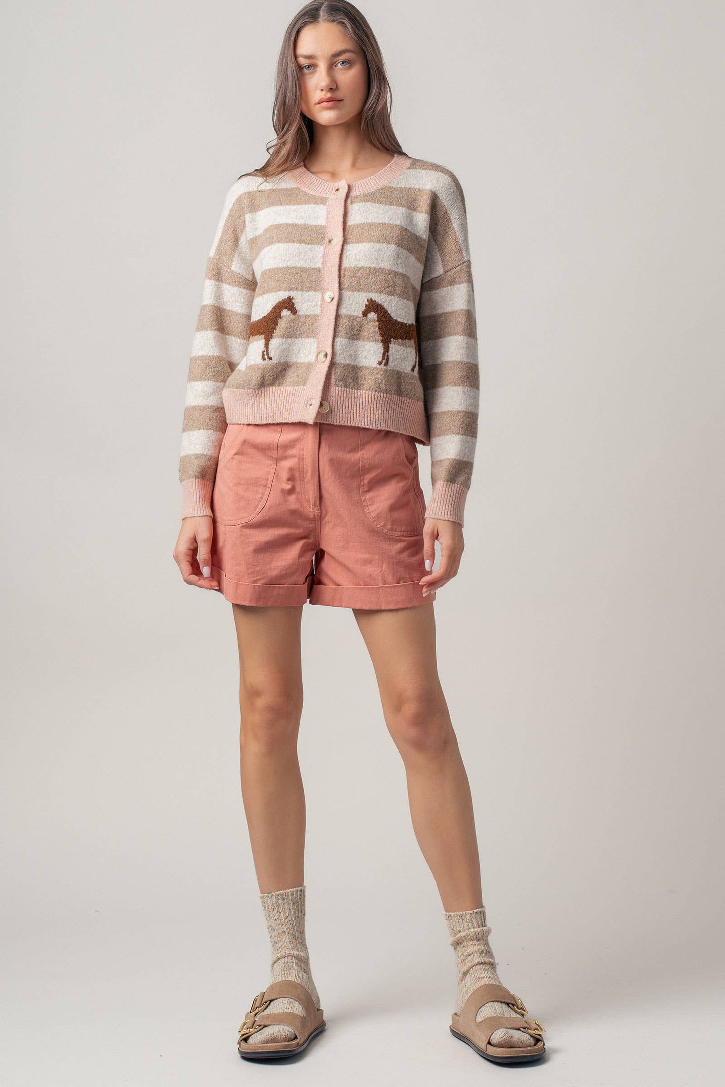 Horse Jacquard Striped Crew Neck Cardigan