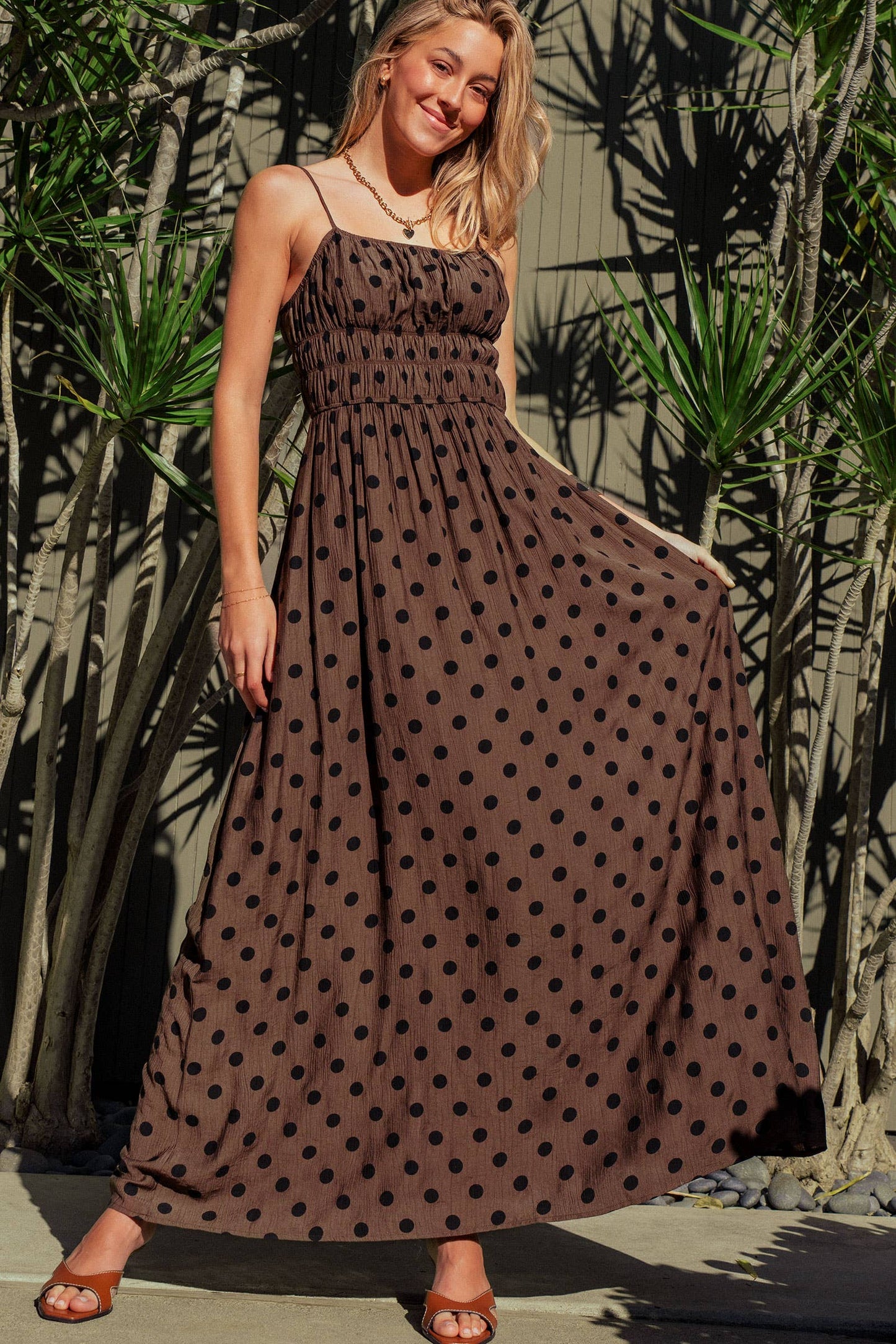 Polka Dot Smocked Maxi Dress Linen Blend
