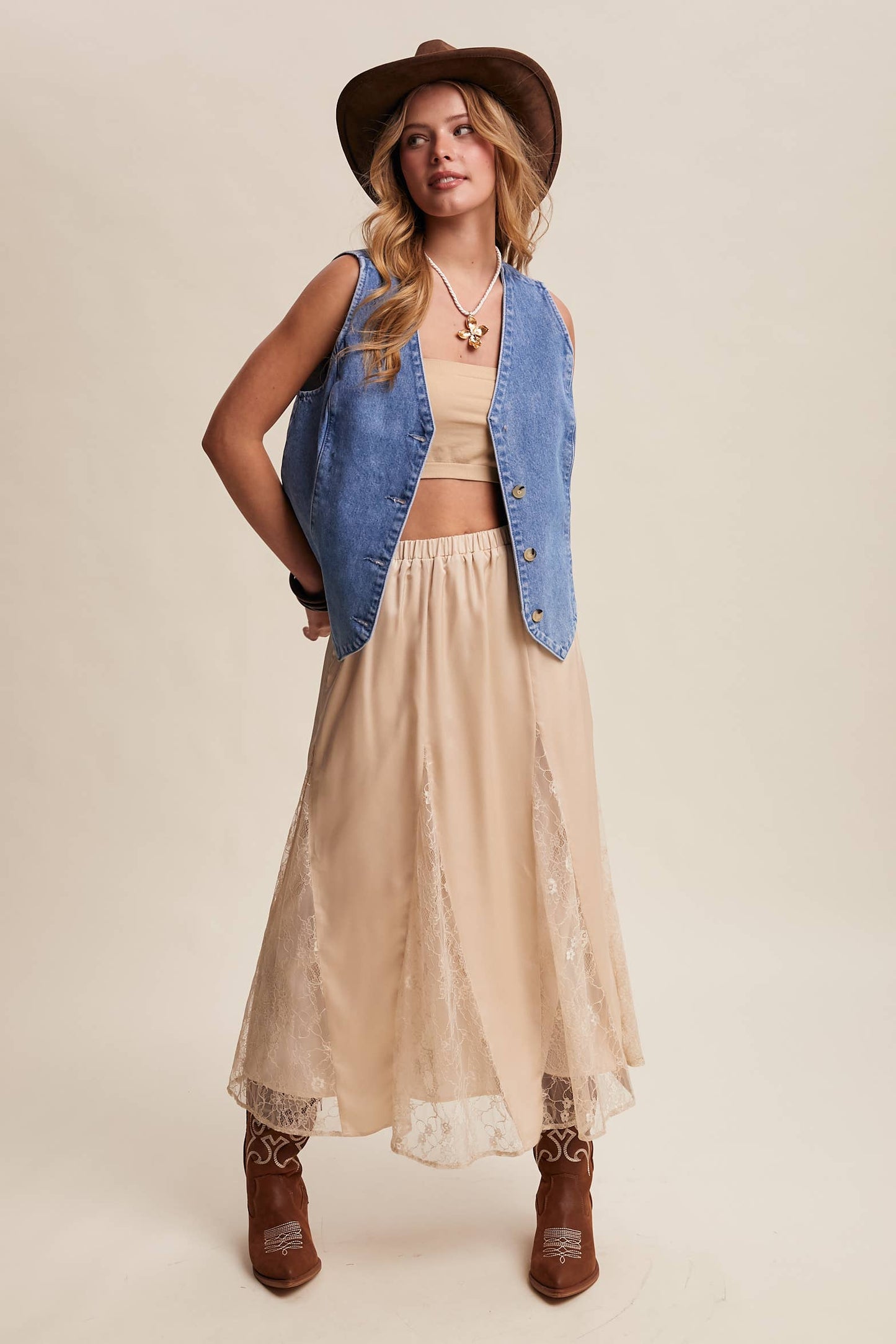 Lace Inset Satin Midi Skirt