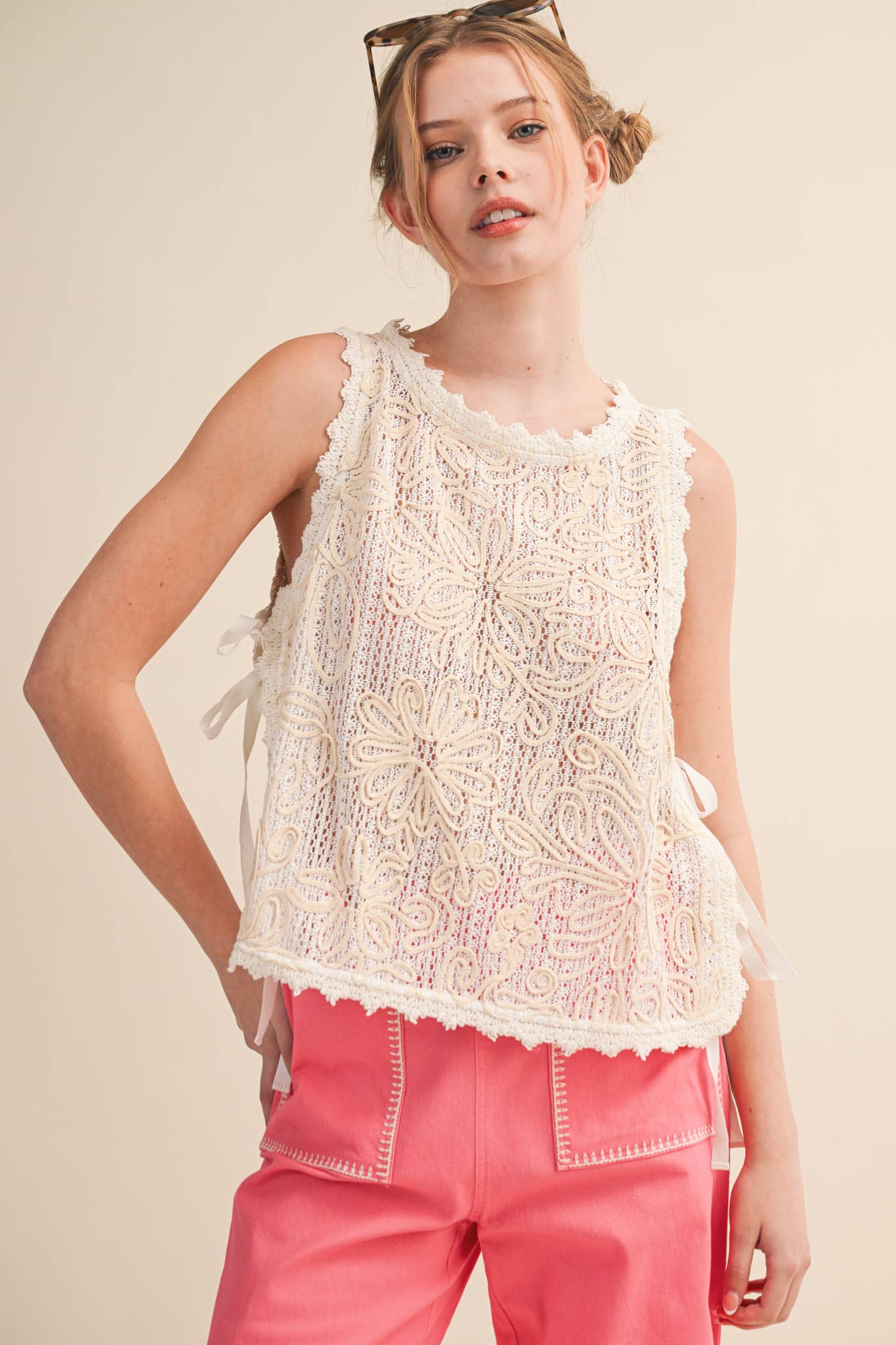 Floral Crochet Tank w/Side Tie Detail