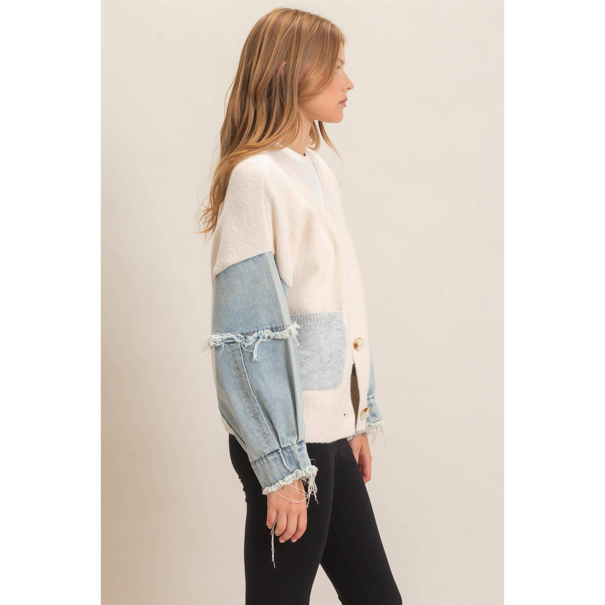 V-Neck Cardigan With Distressed Denim Sleeves