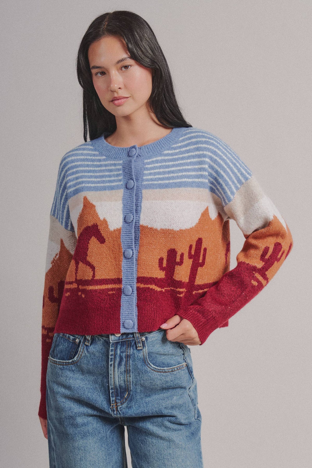 Western Desert Scene Cropped Button Cardigan