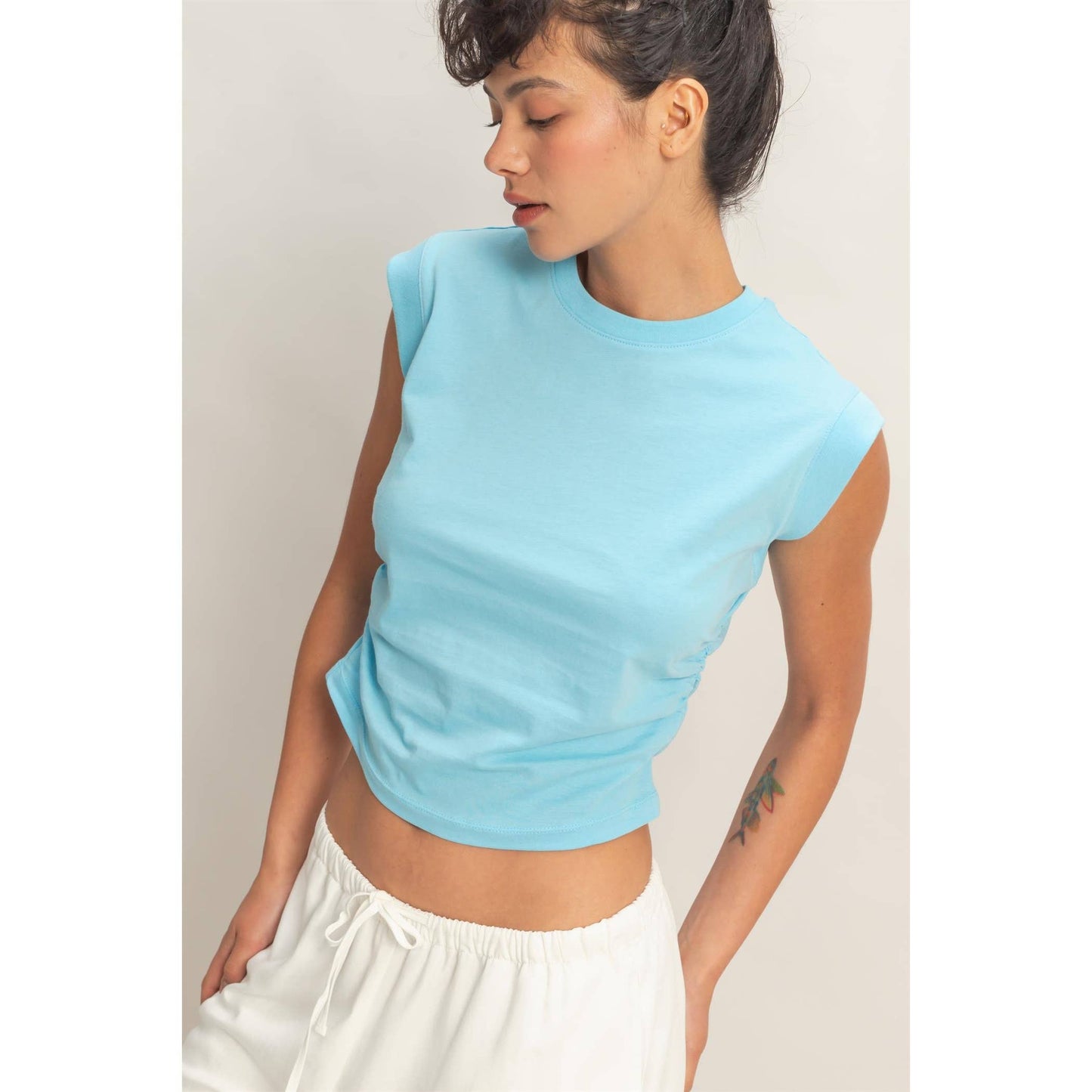Ruched Waist Sleeveless Cotton Top