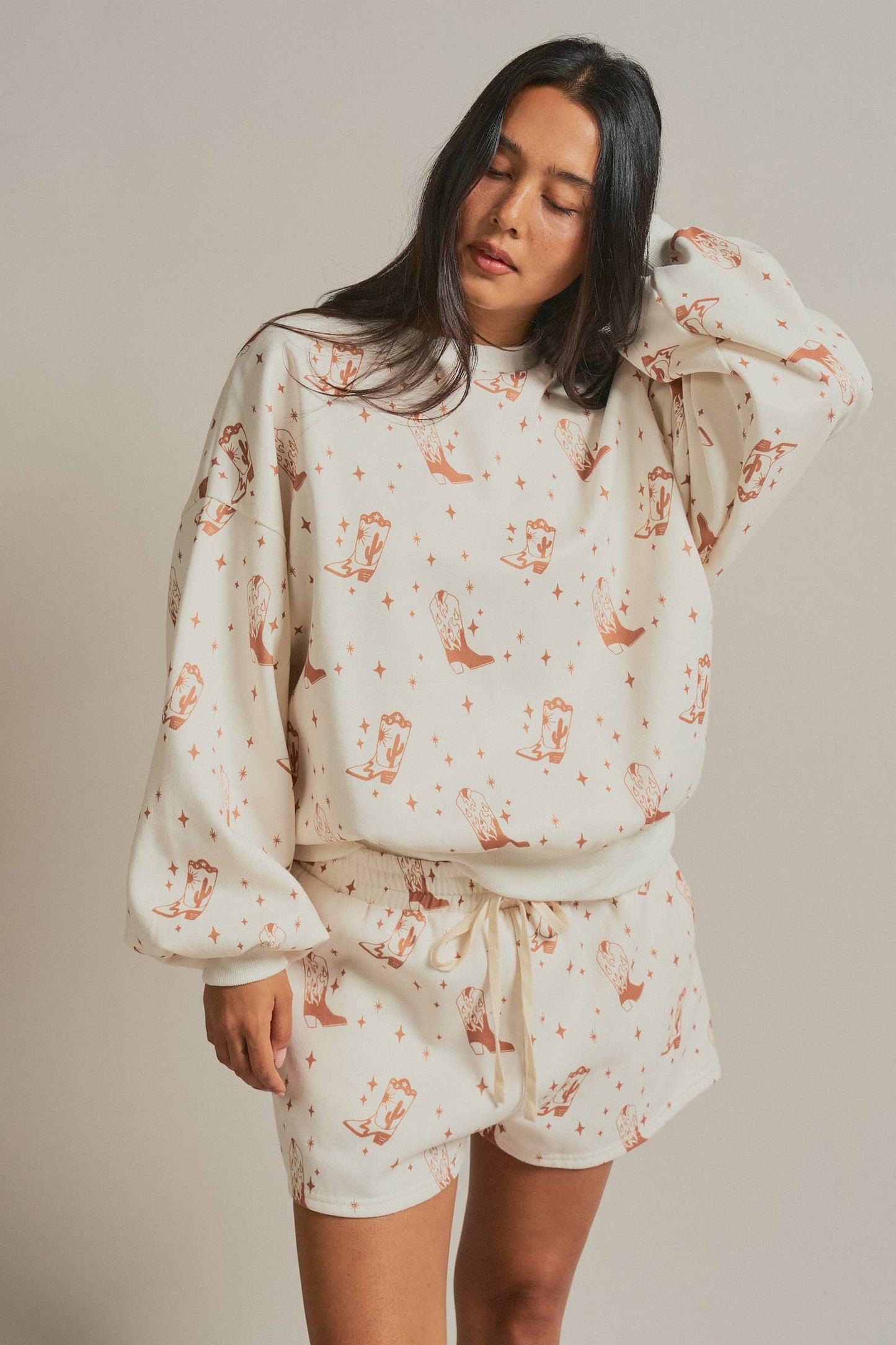 Cowboy Boot Print Sweatshirt and Shorts Set