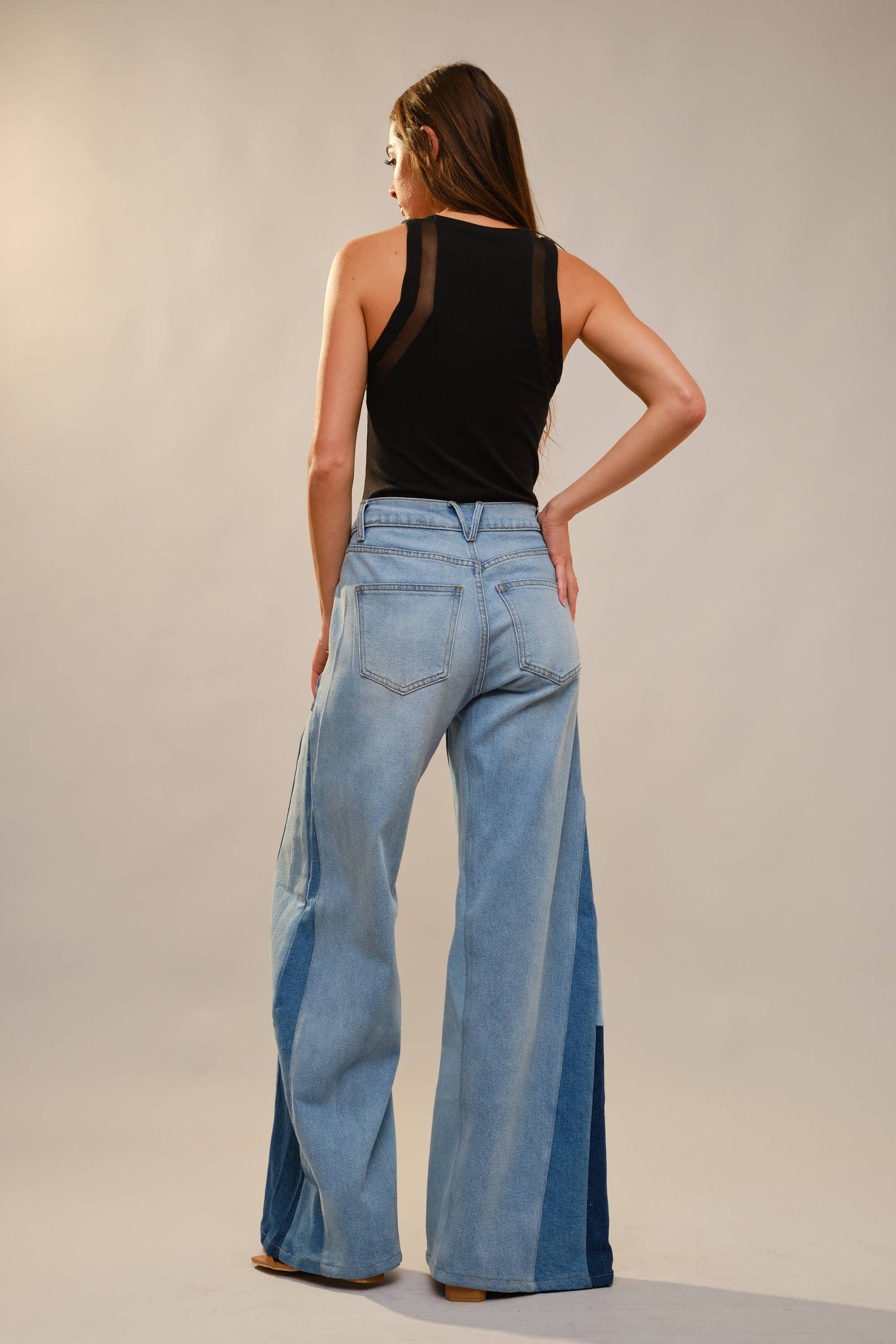 High Rise Wide Leg Color Block Jeans