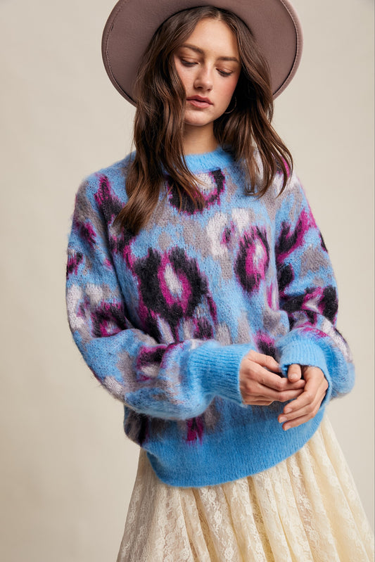 Fuzzy Abstract Leopard Knit Pullover Sweater