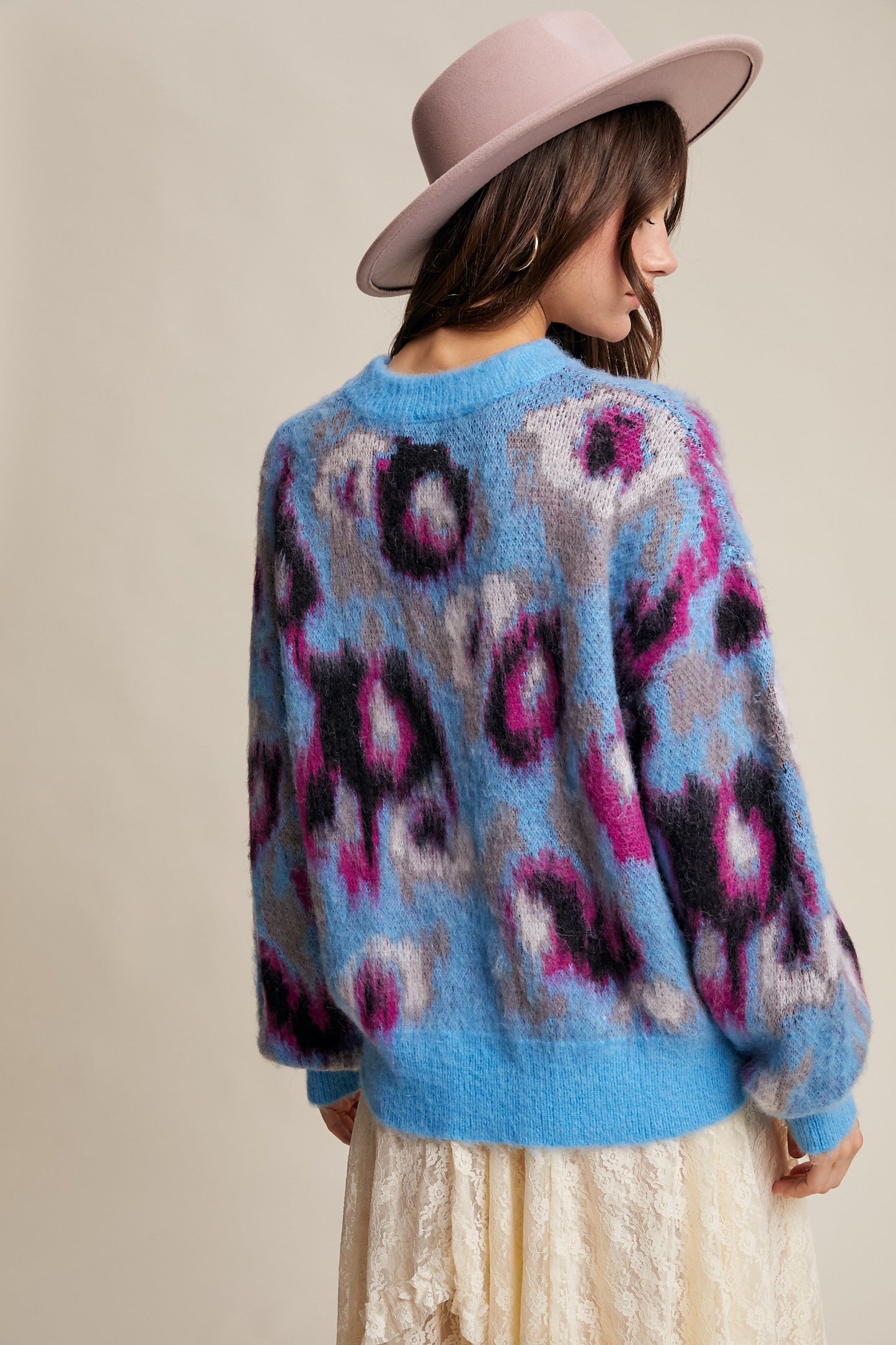 Fuzzy Abstract Leopard Knit Pullover Sweater