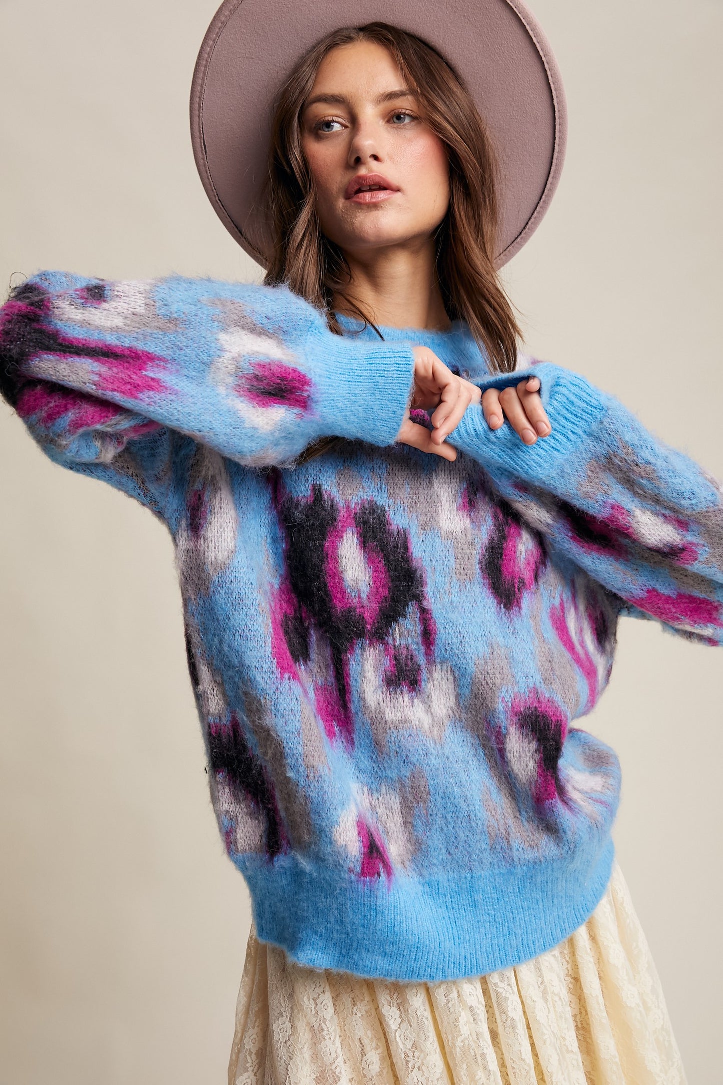 Fuzzy Abstract Leopard Knit Pullover Sweater