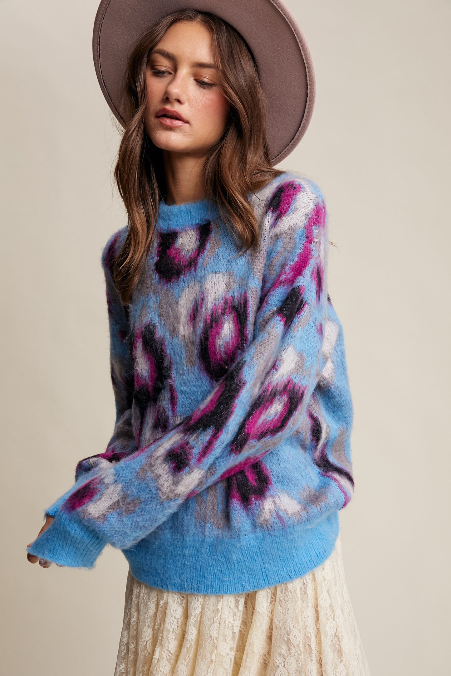 Fuzzy Abstract Leopard Knit Pullover Sweater