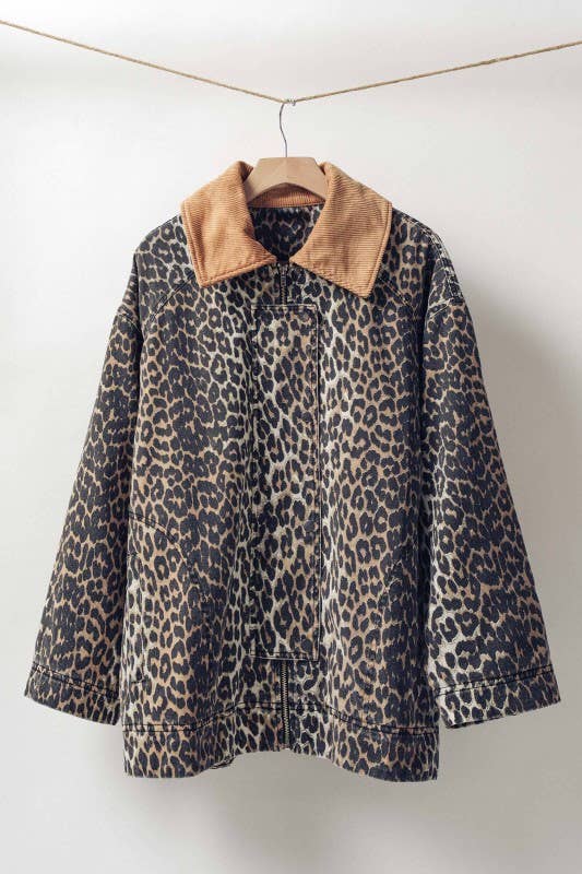 Corduroy Collar Leopard Print Jacket
