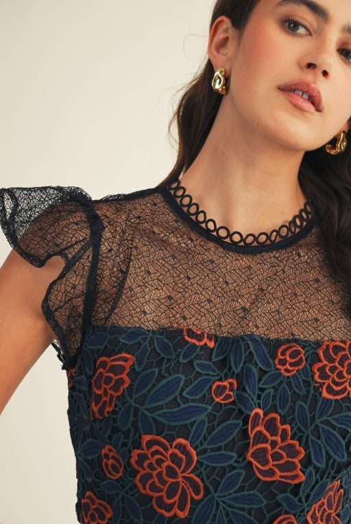 Floral Crochet Ruffle Bottom Midi Dress