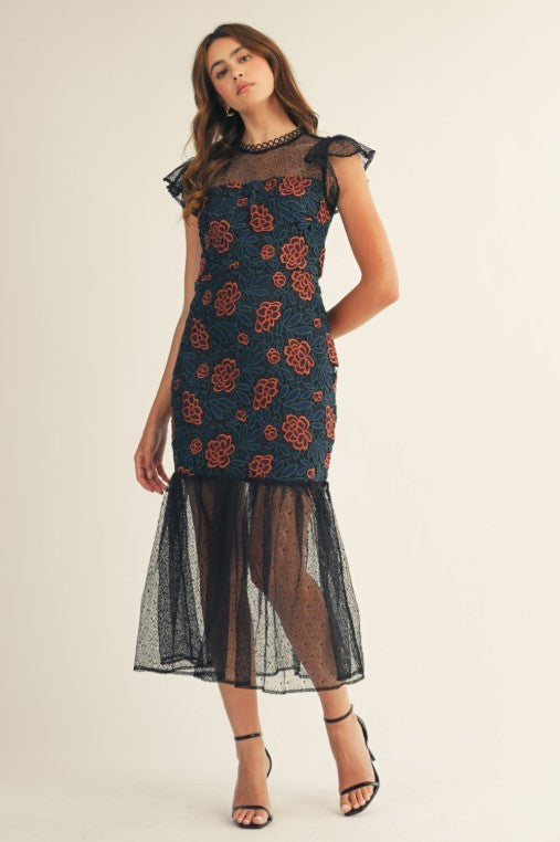 Floral Crochet Ruffle Bottom Midi Dress